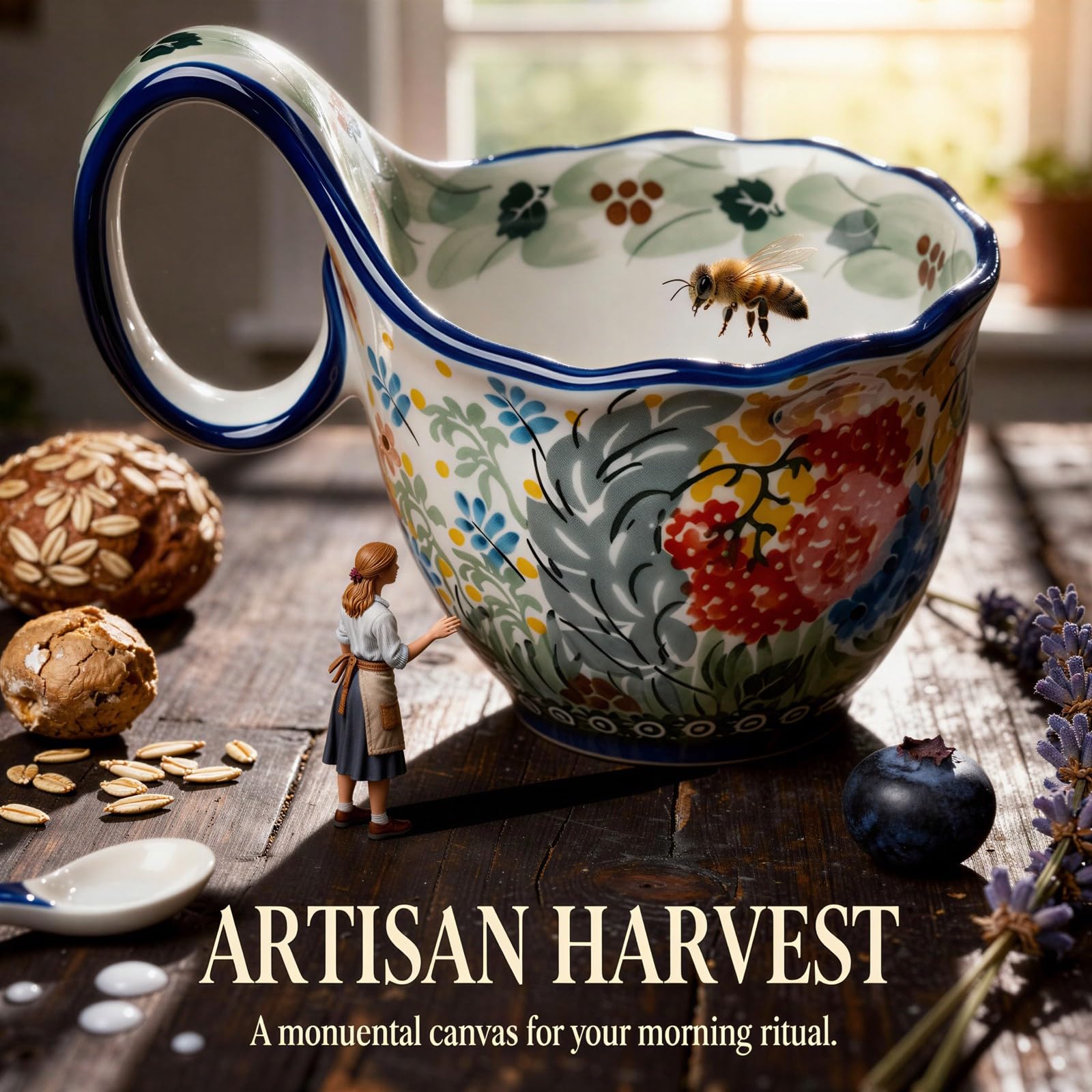 Keramiktasse mit geschwungenem Griff und Löffel, mehrfarbig, handbemaltes Blumenmuster, dekorative Schale für Frühstück, Haferflocken und Kaffee, mikrowellengeeignet, Geschenkidee
