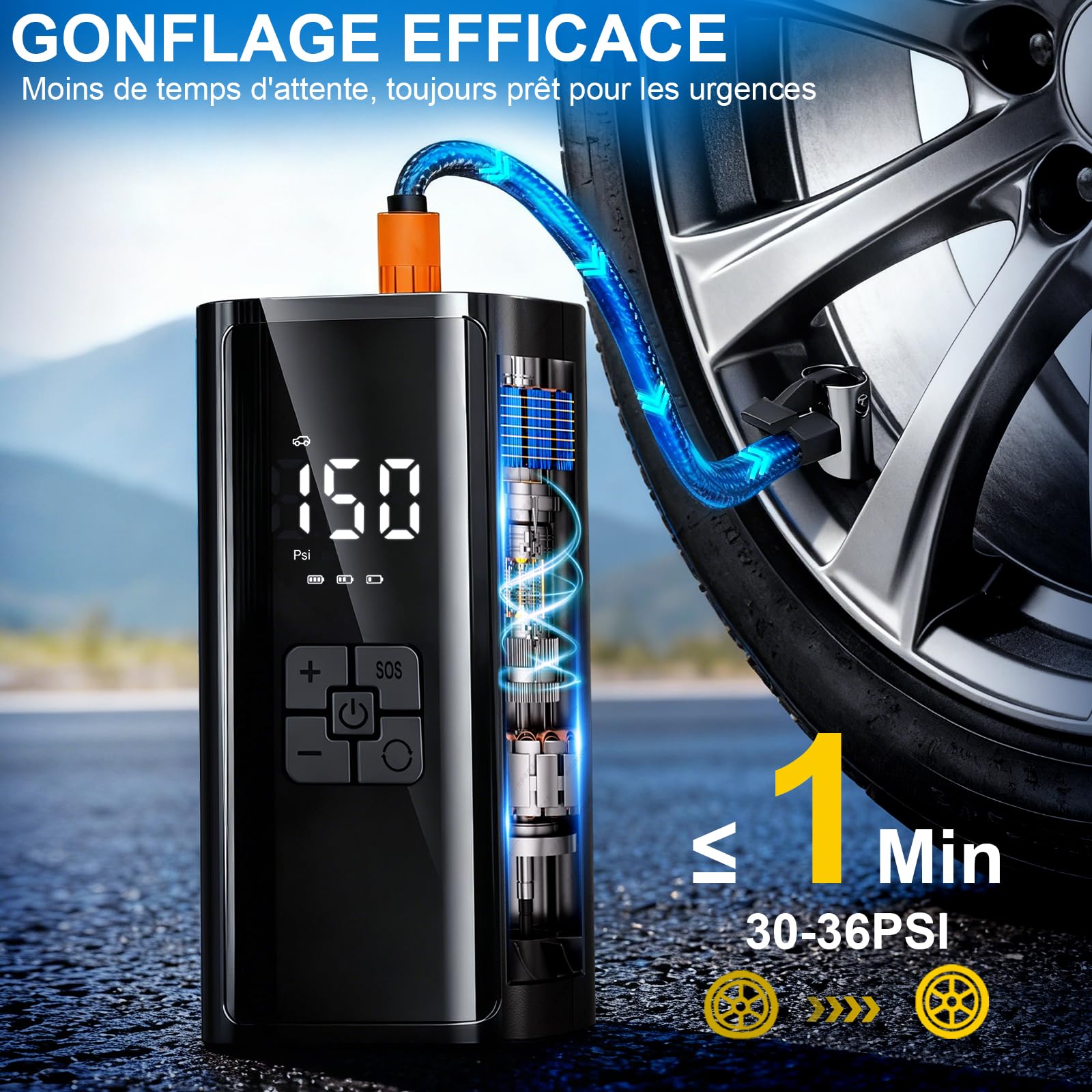 Gonfleur Pneus Voiture Sans Fil, Compresseur à Air Portatif, 150PSI (10,3 Bar) 6000mAh Mini Compresseur Portable avec Lumière LED, Voiture Pour Vélo, Moto, Vcooter, Balles