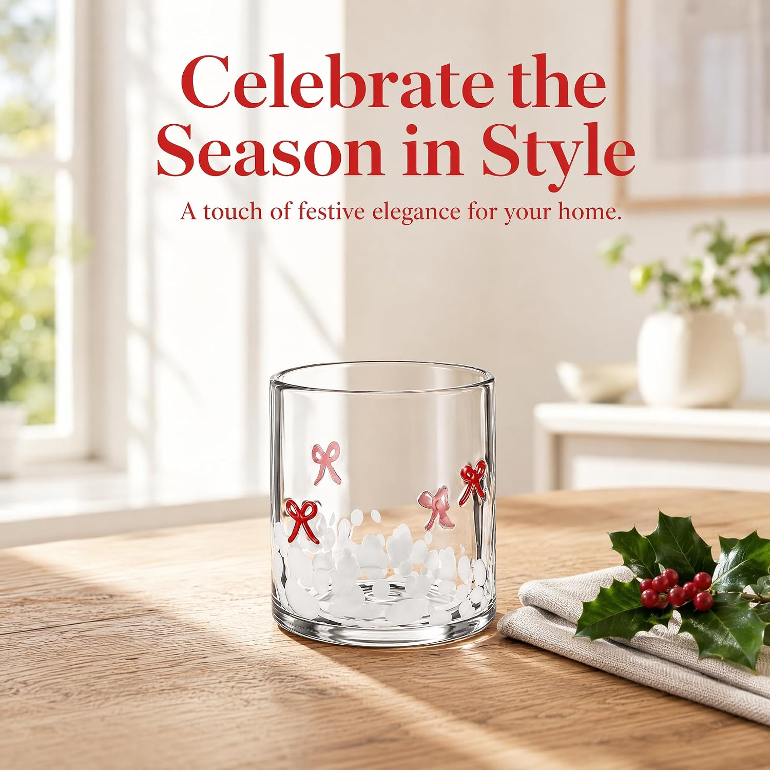 Icon Glass Cups - 16 oz Bow Icon Juice Glasses, Double Old Fashioned Hand Blown Cute Drinking Cups for Holiday Xmas Party Lovely Gifts Supplies