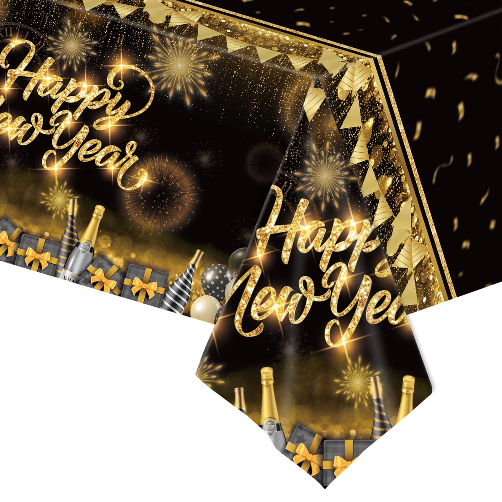 Fogcosy New Year Eve Decorations 2026, Happy New Year Table Cloth, Black Gold Plastic Rectangular Table Cloths, Eve Party Accessories for 2026 New Year's Eve Party Supplies
