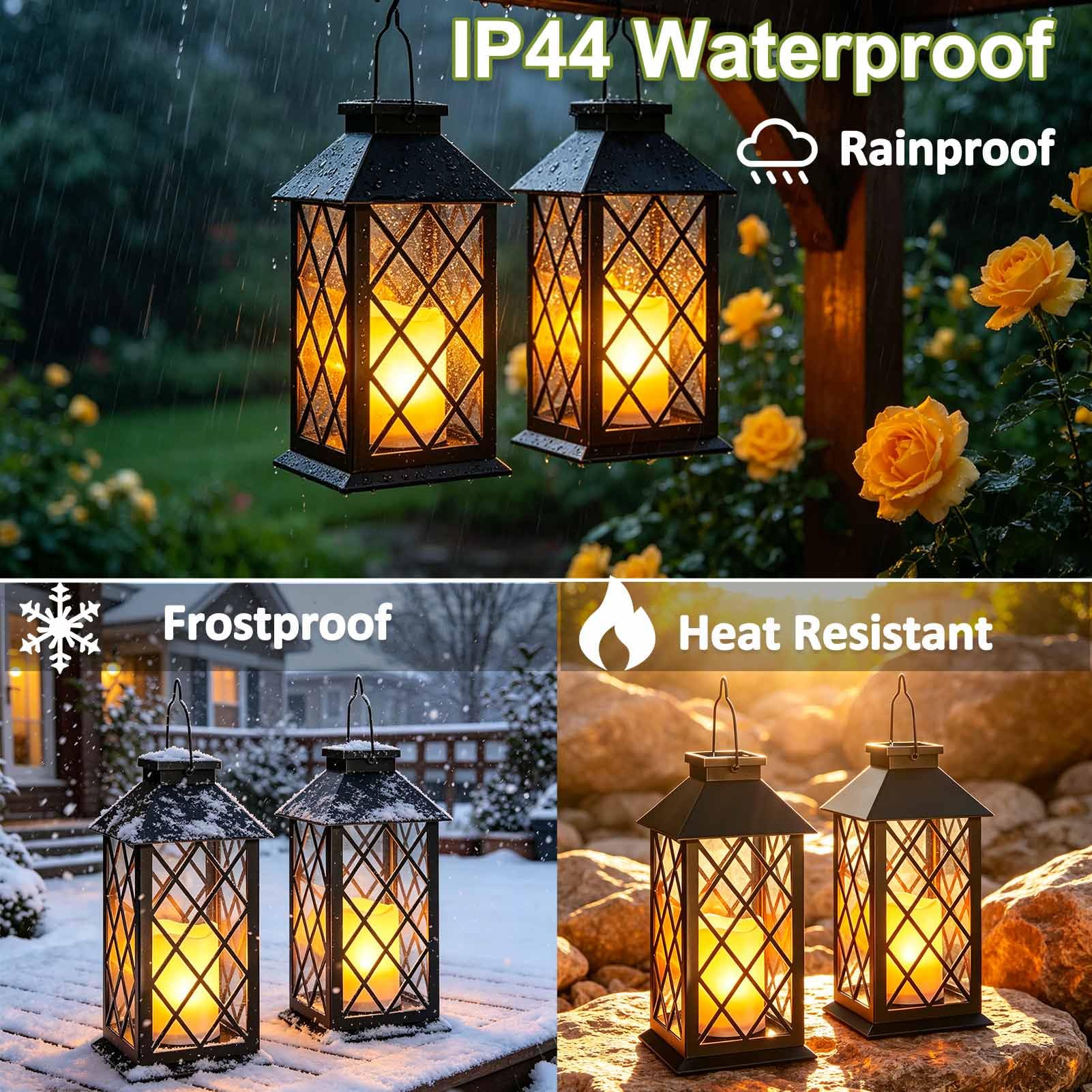 Grandes lanternes solaires d'extérieur étanches en verre trempé de 35,6 cm, lampes solaires suspendues avec bougies vacillantes sans flamme, lanterne solaire rétro pour mur, porche, terrasse, table