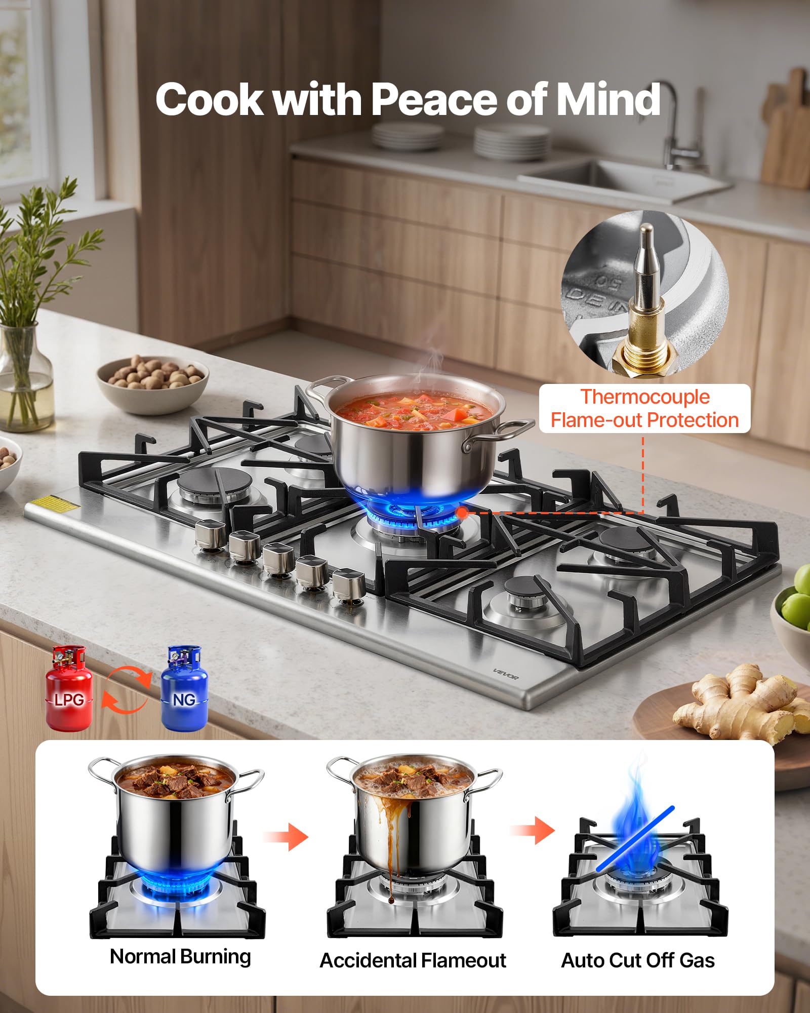 VEVOR 36 inch Gas Cooktop 5 Burners Gas Stove Top, Max 38300BTU Built-in Stainless Steel Stove Top LPG/NG Convertible Dual Fuel Cooktop Stoves with SABAF Dual-Ring Burner for Kitchen Apartment Rvs - 4
