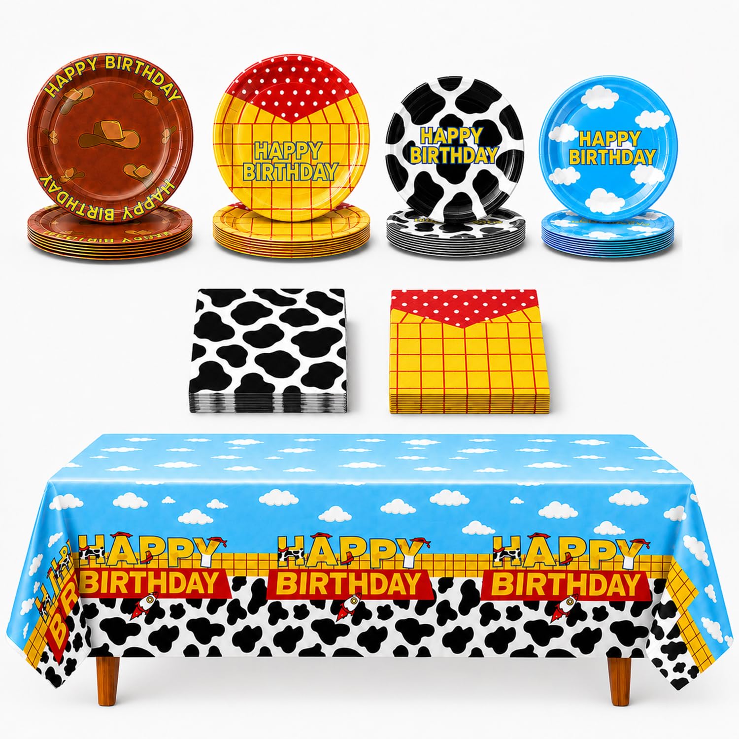 41 Pcs Cartoon Story Birthday Supplies Party Tableware Set, Blue Sky White Cloud Cow Print Plates, Napkins and Tablecloth for Cartoon Birthday Party Decorations (Orange)