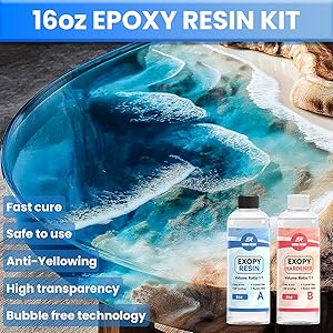 Epoxy Resin 16 oz Crystal Clear 4X Resistant to Yellowing, Food Safe Craft, 1:1 Mix Resin Epoxy for DIY Art, Jewelry, Casting, Electronics, Wood, Boat Repair, Beginners Starter kit (8oz+8oz)
