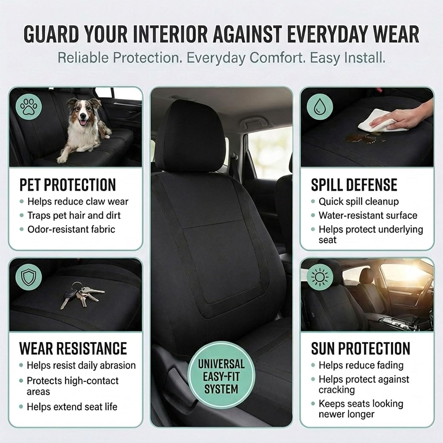 FH Group Car Seat Covers Unique Flat Cloth Full Set Automotive Seat Covers Front Set and Rear Solid Bench Black Seat Covers w. Gift Universal Fit Interior Accessories for Cars Trucks and SUVs