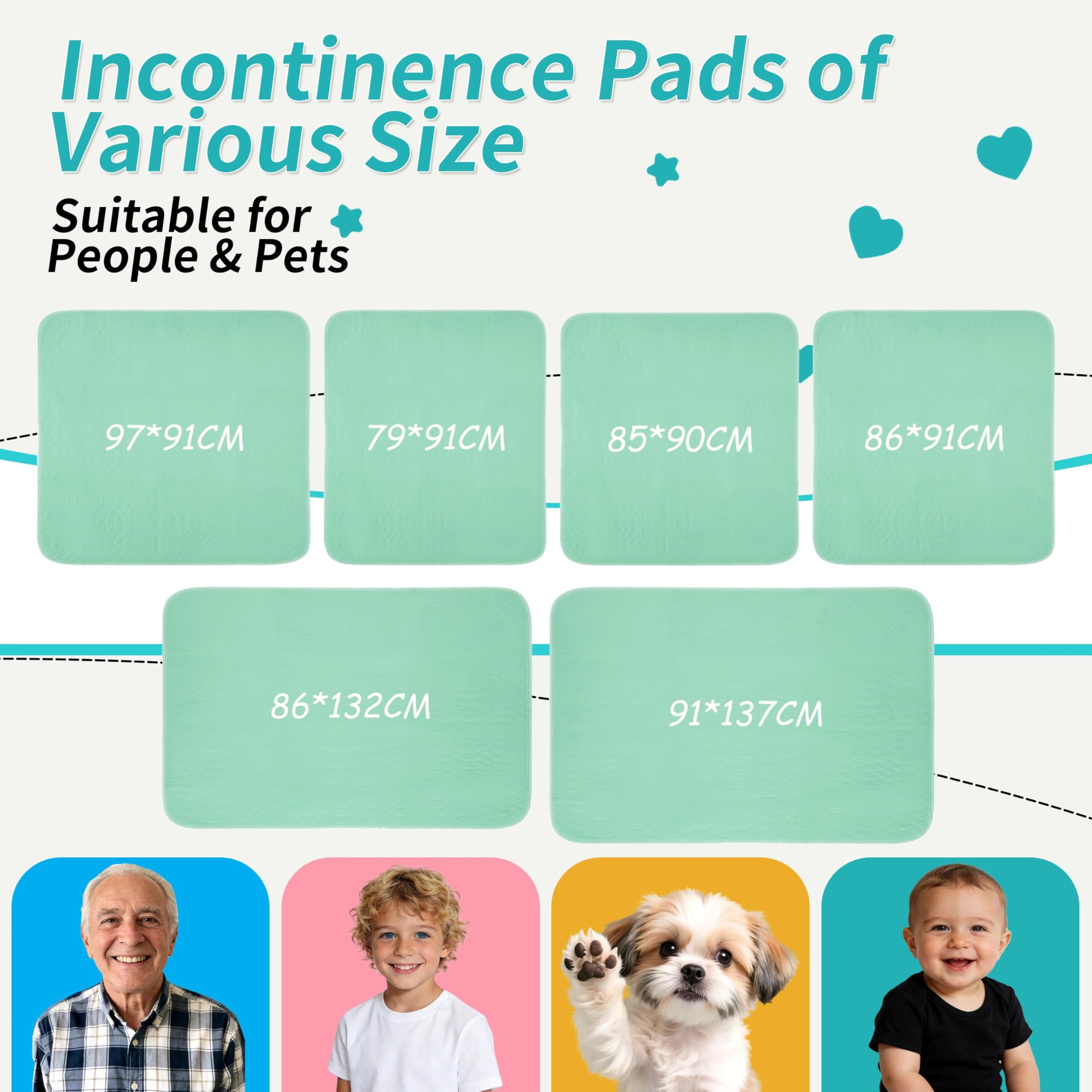 Lot de 4 draps lavables et imperméables pour incontinence, vert, 91 x 97 cm | Tapis de protection réutilisable pour adultes, enfants, personnes âgées, animaux domestiques, etc