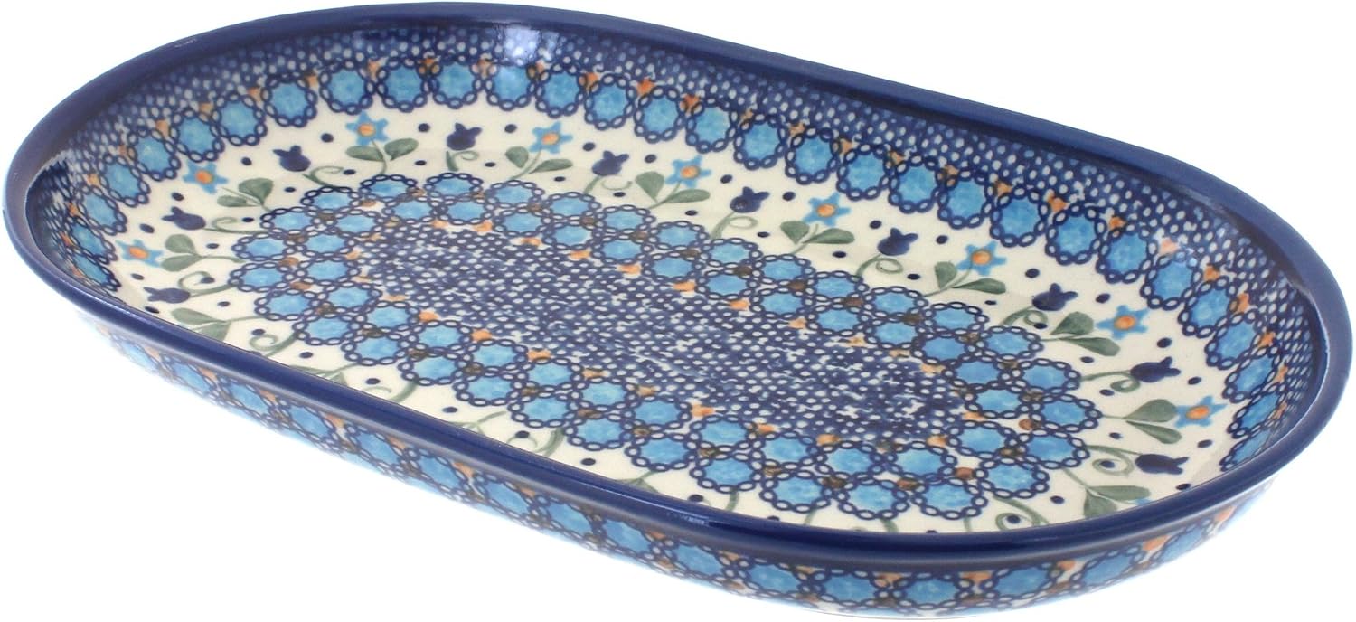 Blue Rose Polish Pottery - Brown Aztec Flower Medium Oval Dish - 10.75" x 6.75" - Unique Platter for Dinner Parties, Very Durable & Dishwasher Safe