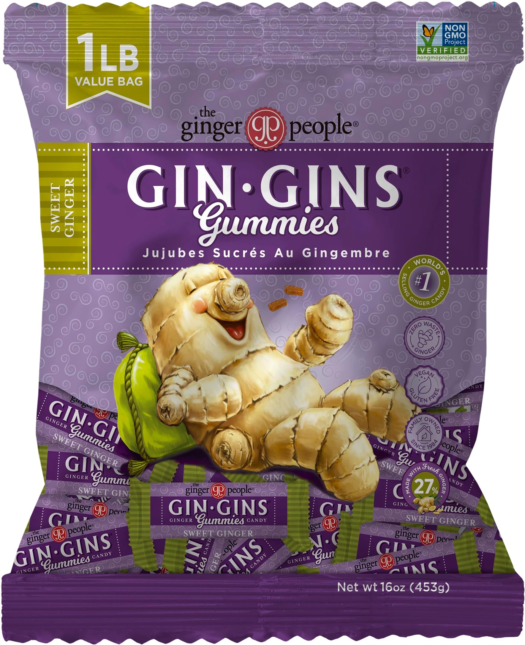 GIN GINS Sweet Ginger Gummies – Natural Fresh Ginger Candy by The Ginger People – Sweet Ginger Gummies Flavor – Large 1 lb Bag (16oz) – Pack of 1
