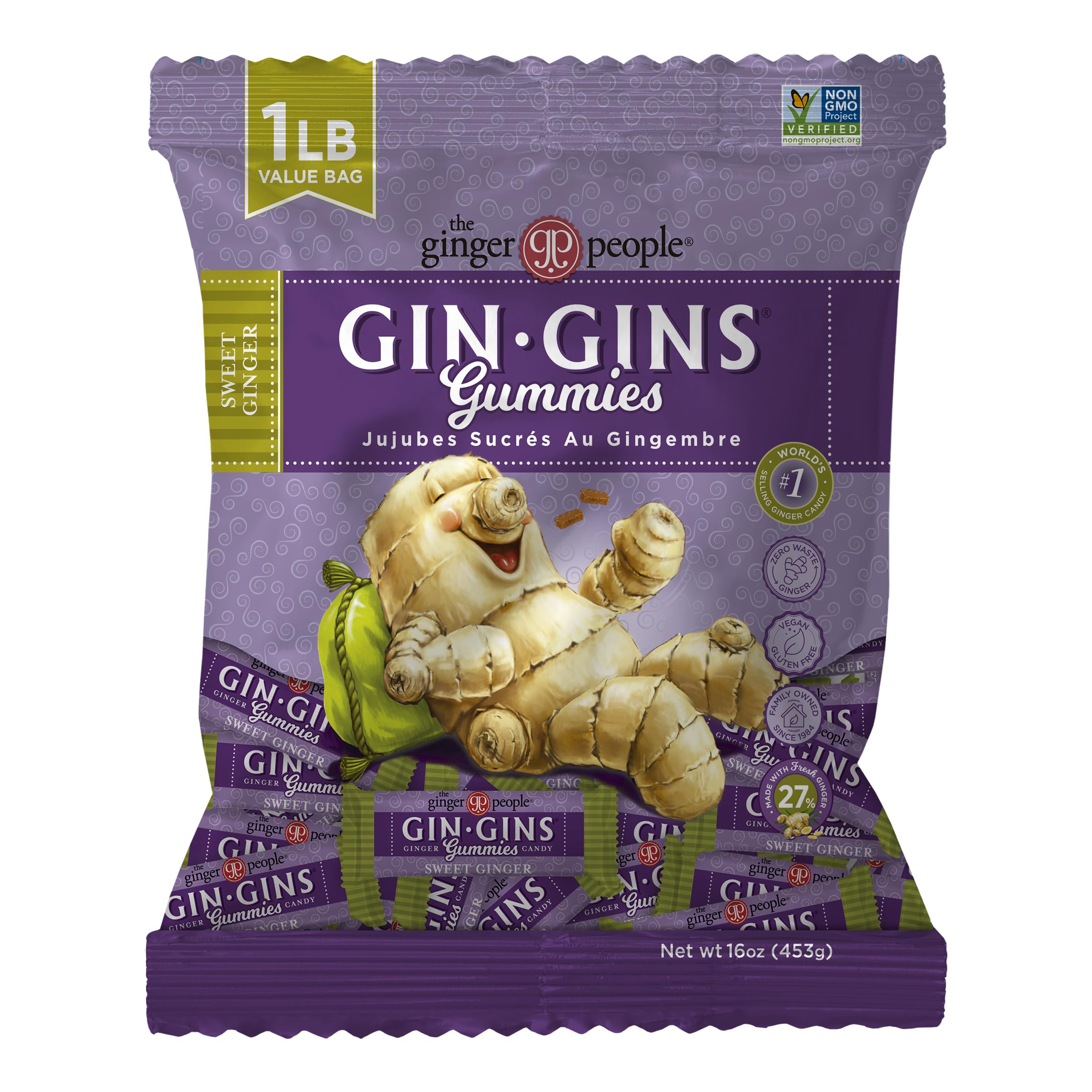 The Ginger People GIN GINS Sweet Chewy Candy - Anti-Nausea and Digestion Aid, Individually Wrapped Healthy Candy - Sweet Gummies, Large 1 lb Bag (16 oz) - Pack of 1 (16 oz)