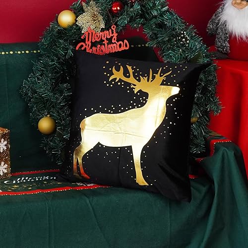 Miniatura 2 de ONWAY Juego de 4 fundas de almohada decorativas de Navidad de 18 x 18 pulgadas, diseño de copos de nieve, renos, decoración dorada para sofá,