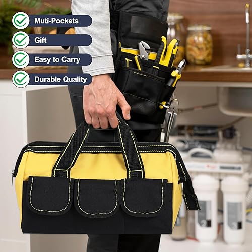 Miniatura 5 de Paquete de 3 bolsas de herramientas de boca ancha resistente de 16 pulgadas, grande, impermeable, organizador de herramientas eléctricas, bolsa de
