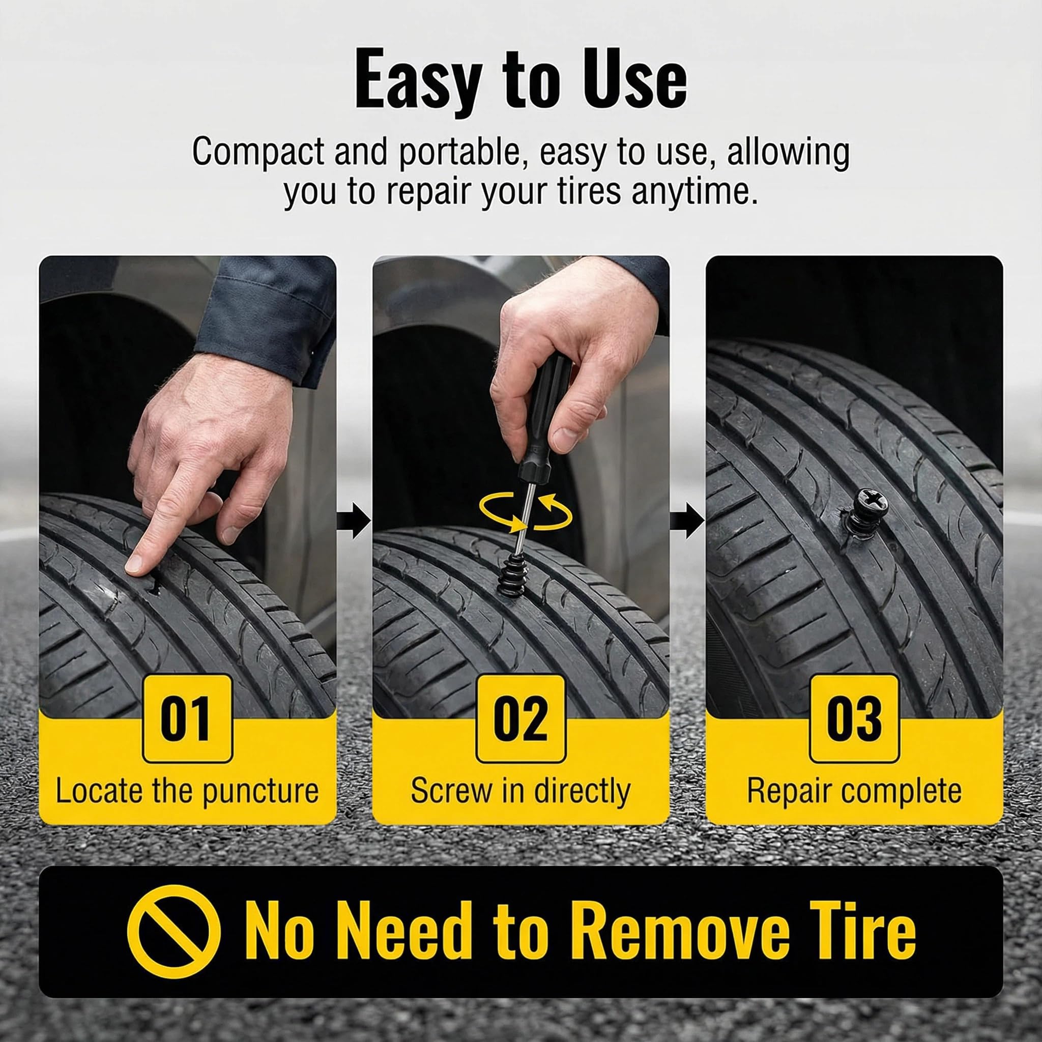 30 Piezas Kit Antipinchazos Coche Repara Pinchazos con 3 Tamaños (10 S+10 M+10 L) de Clavos de Goma para Neumáticos al Vacío y Destornillador Kit de Reparación de Neumáticos para Coche Moto Bicicleta - 4