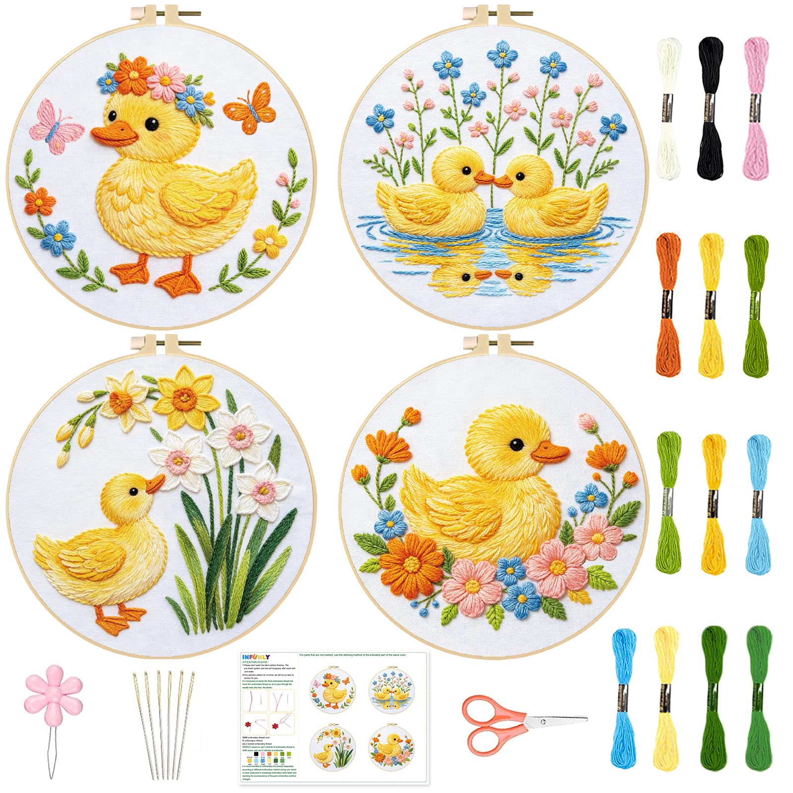 INFUNLY 4Pcs Floral Duck Embroidery Starter Kit for Adults 12 Inch Round Cottagecore Duckling DIY Embroidery Kits with Hoop Video Tutorial for Duck Lovers Home Decor Gift