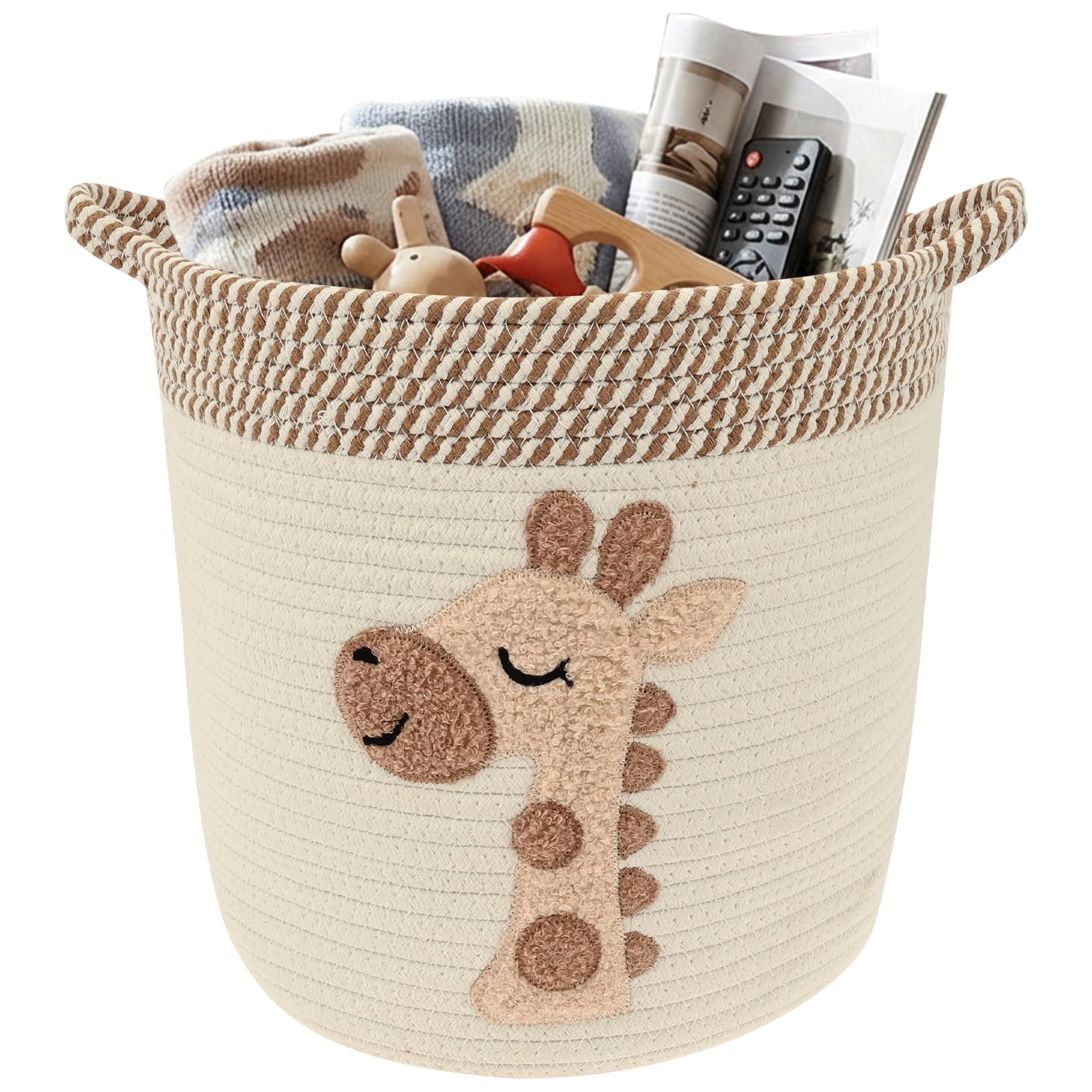 Toy Storage Basket,Woven Cotton Rope Storage Baskets with Embroidery Decor for Kids,Laundry Blanket Basket Dirty Clothes Baskets with Handles for Living Room,Nursery,Kids Bedroom
