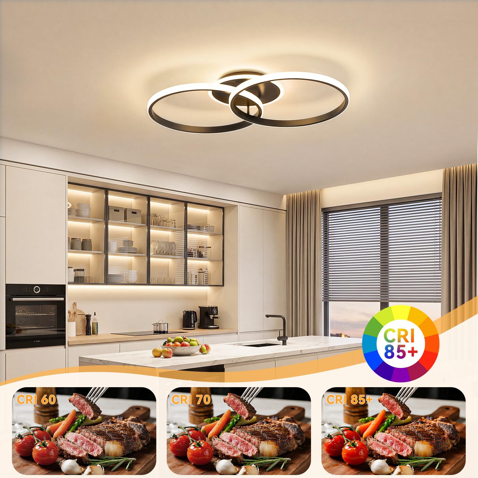 Plafonnier LED Moderne 36W, 3000K/4500K/6500K Lampe Plafond 4320lm CRI≥80, Luminaire Plafonnier pour Salon, Chambre, Bureau, Cuisine et Couloir avec Fonction Mémoire Noir
