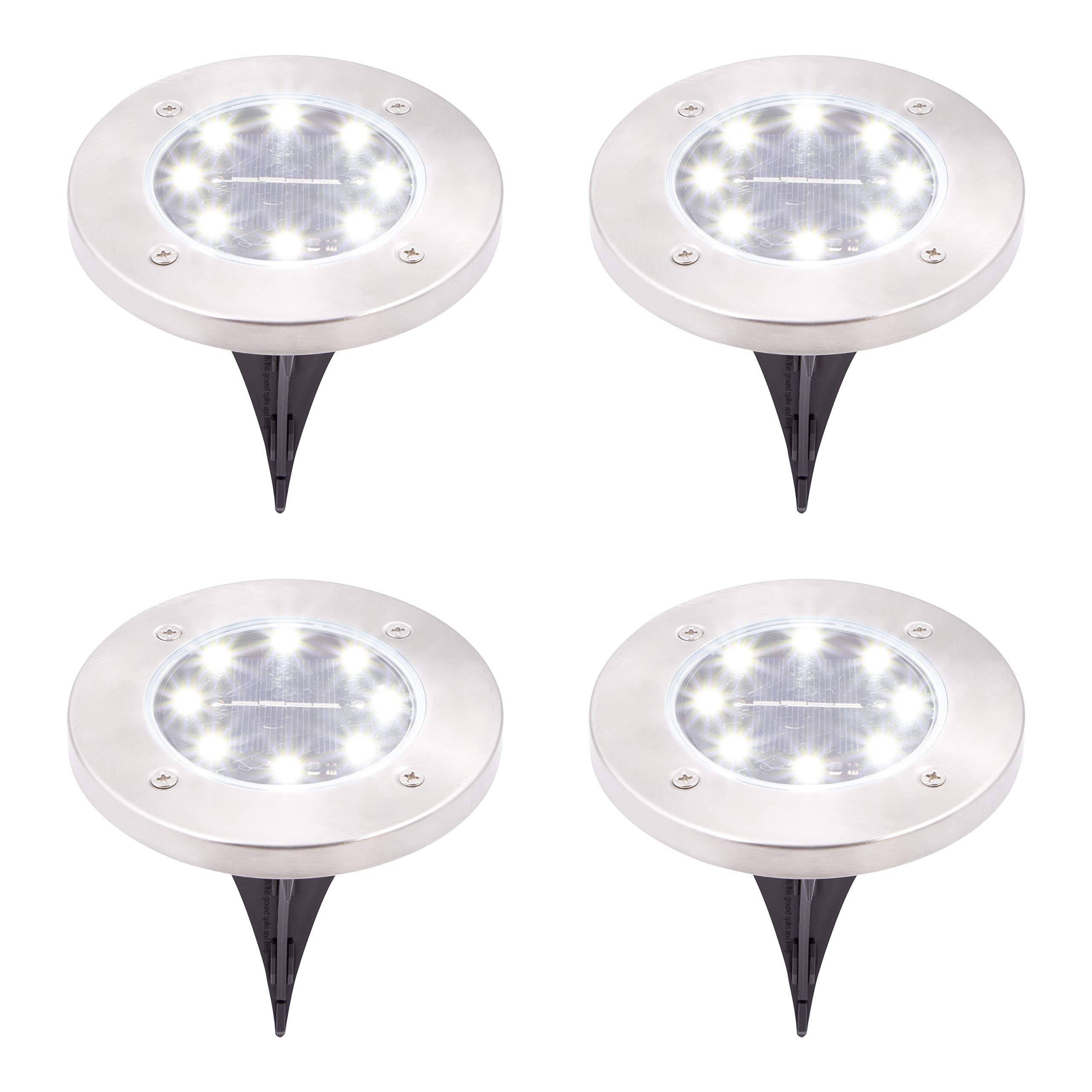 GardenKraft 4 Pack Bright White Solar Ground Lights - Stainless Steel/Plastic, IP67 Waterproof