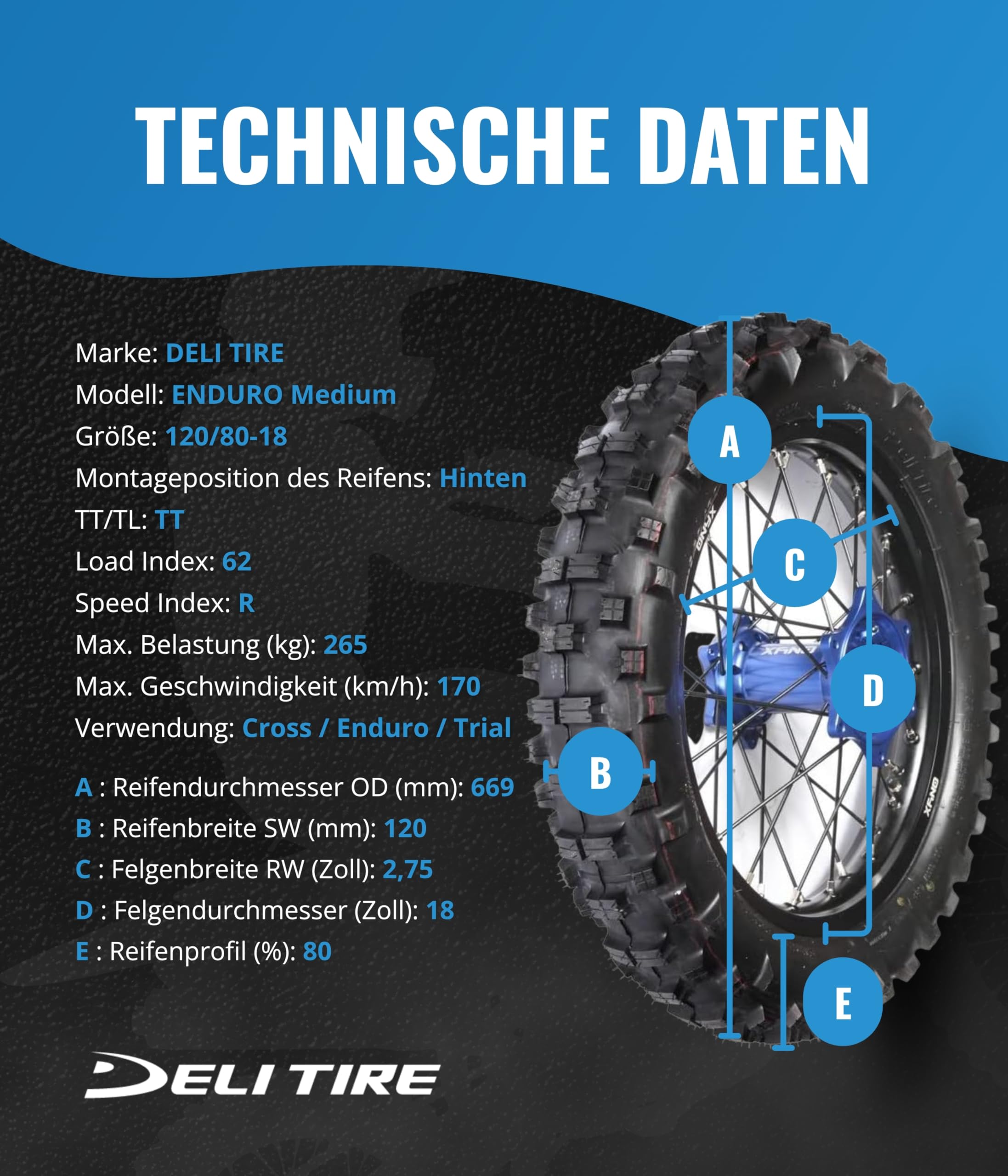 Deli Tire SB-121 FIM ENDURO COMPETITION 120/80-18 Enduro Pneu arrière Motocross