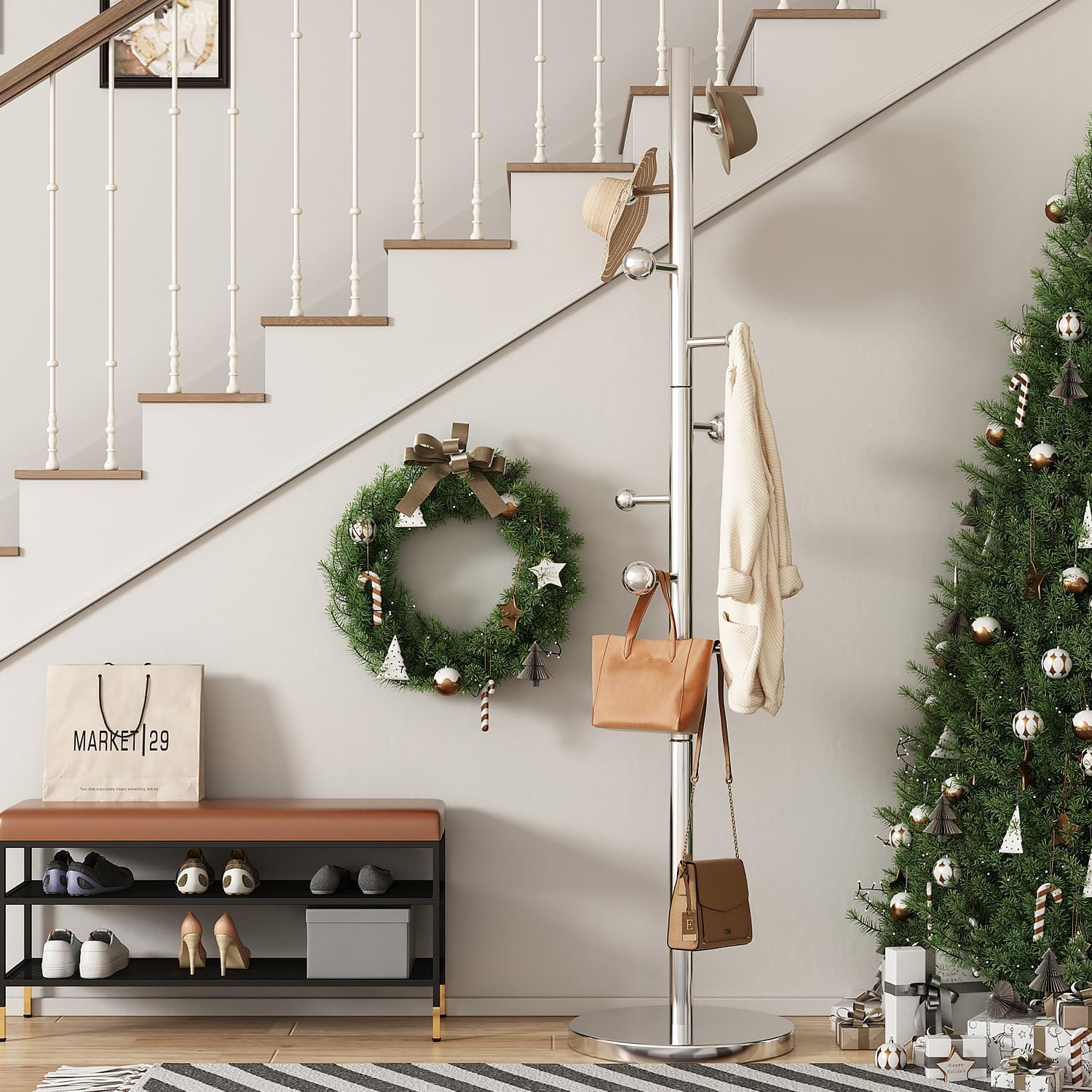 Coat Rack Freestanding Coat Tree with 8 Hooks Heavy Duty Coats Hanger Stand Metal Coats Rack Stand for Jacket Hat Clothes Bag Stainless Steel Hall Tree Hat Racks for Entryway Bedroom, Silver