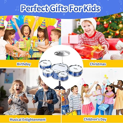 Miniatura 8 de Tinylife Juego de batería para niños, juguetes musicales con 5 tambores, taburete, palos y platillo, instrumentos musicales para niños de 2, 3, 4, 5