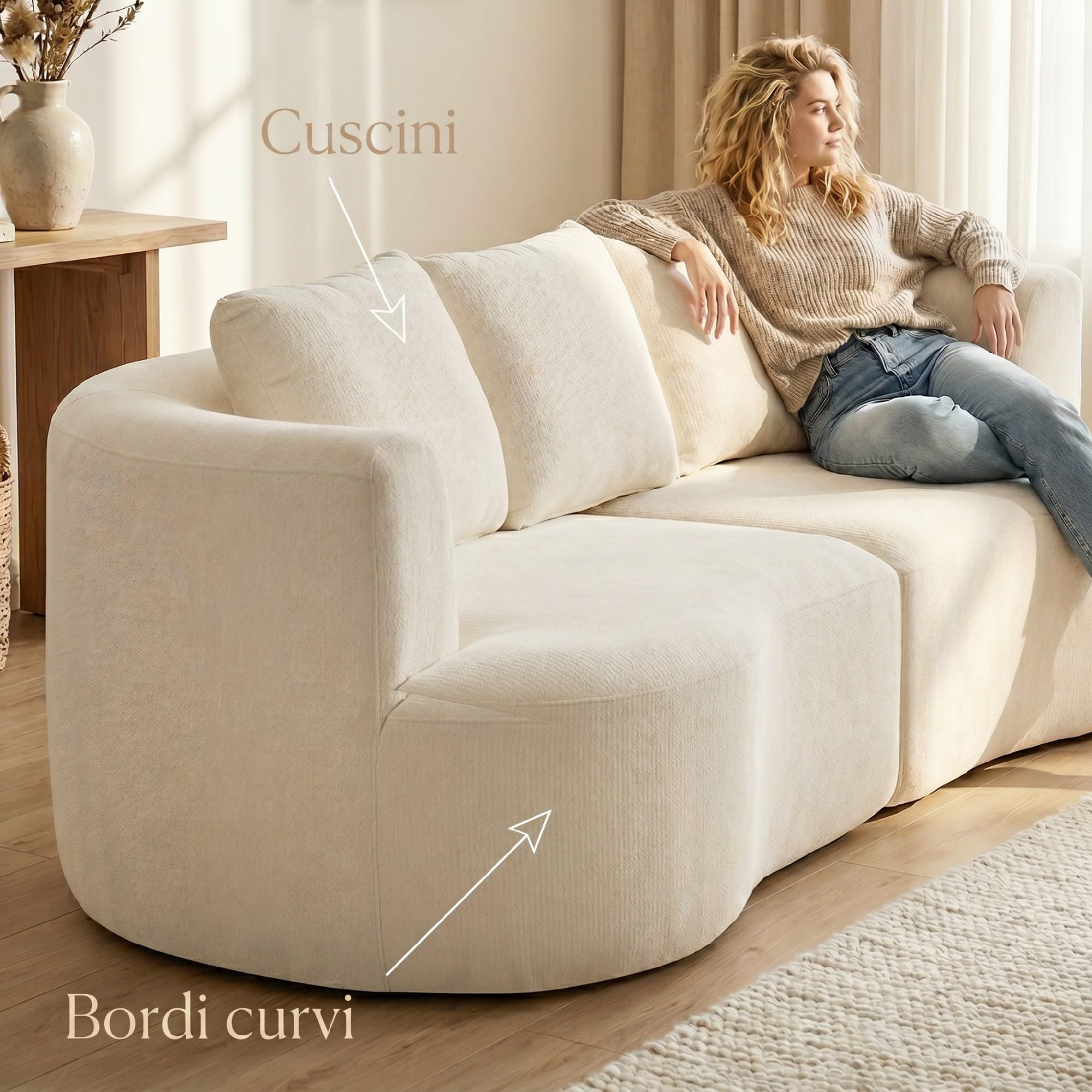 HOMCOM Divano 3 Posti Modulare 260 cm Seduta Ampia Senza Struttura Crema | Imbottitura Spessa, 3 Cuscini, Sofà Compresso Moderno, Ciniglia, Soggiorno, Salotto