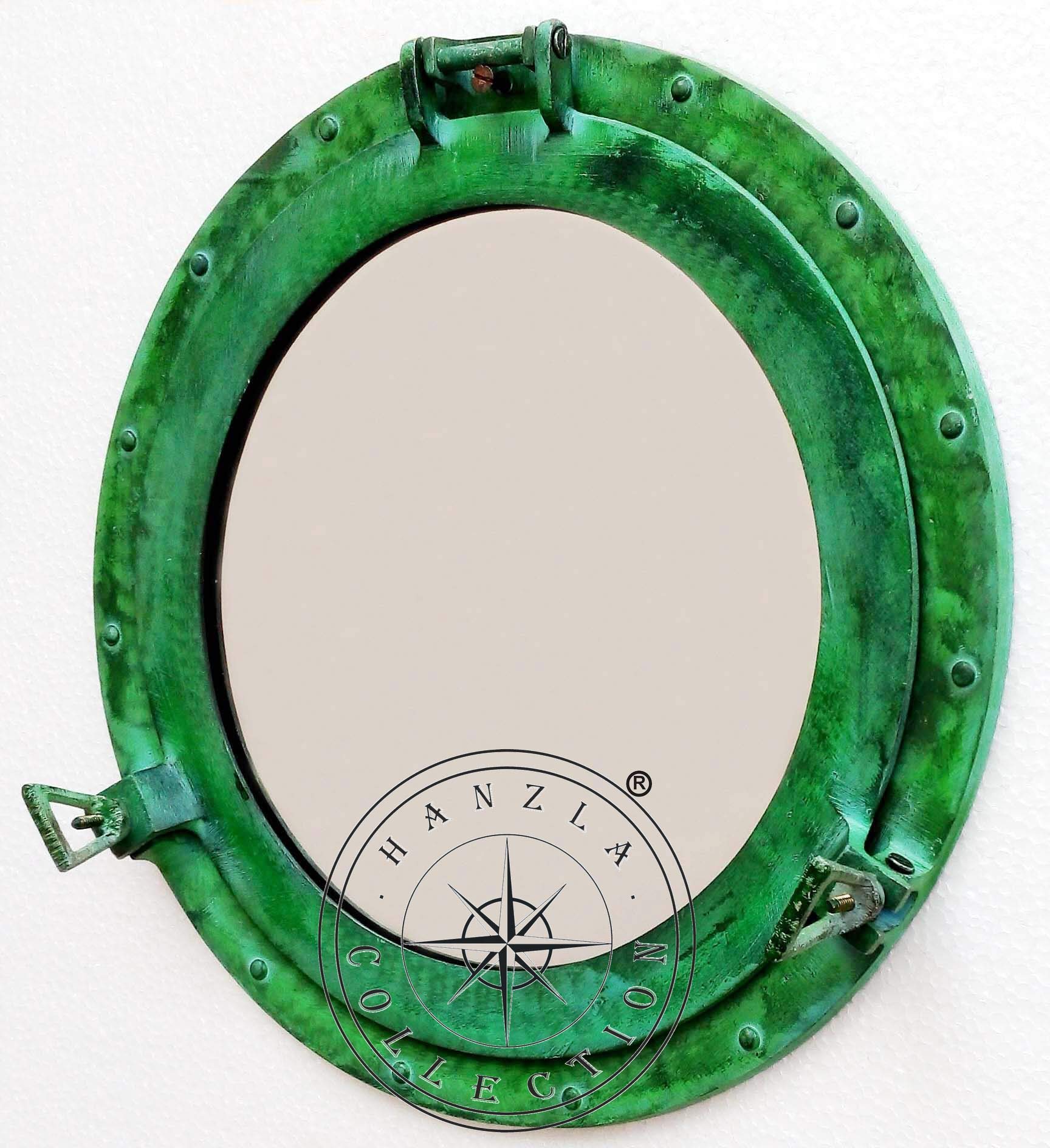 Hanzlacollection 17" Aluminium Porthole Mirror Green Finish, Maritime Nautical Ship Decor