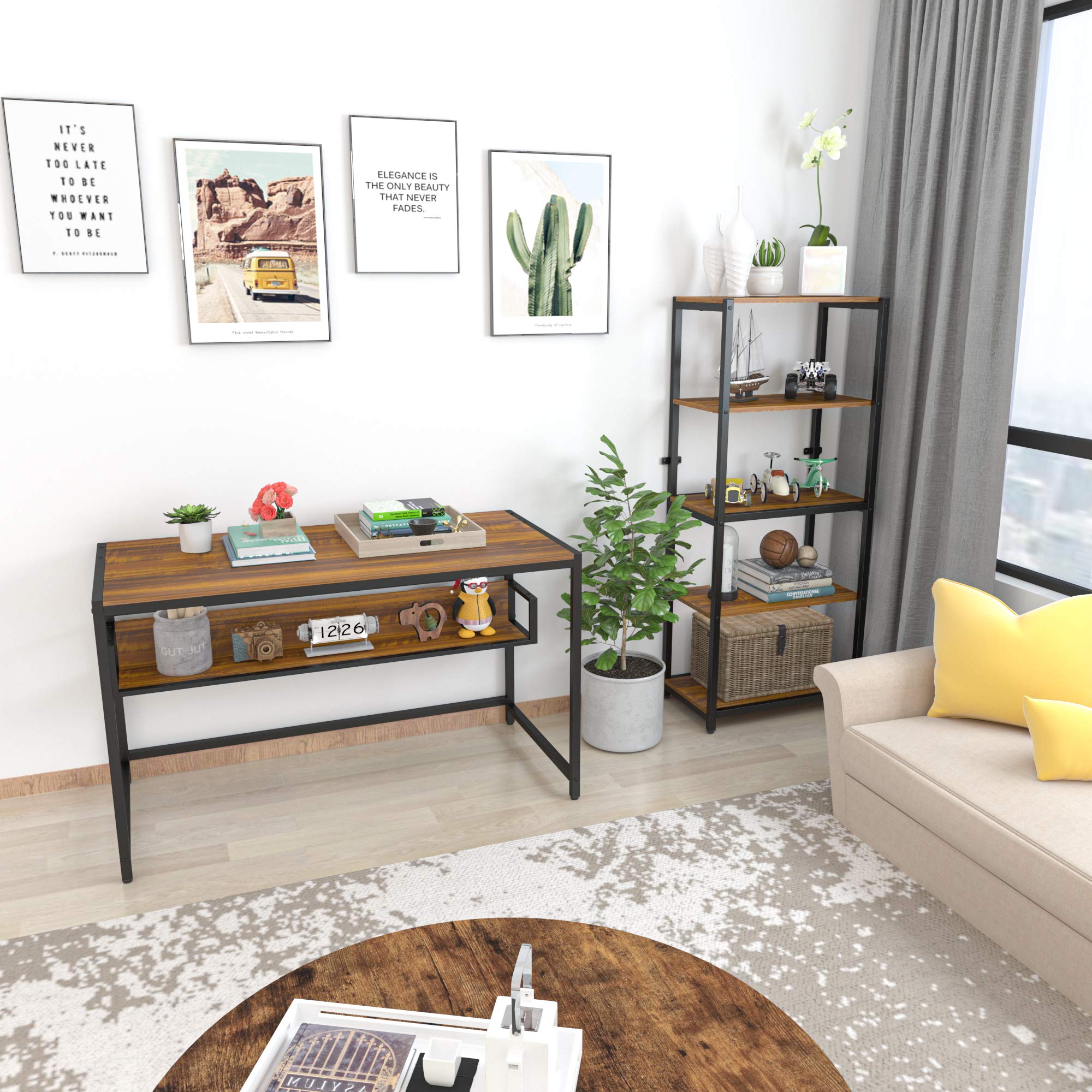 Teraves Computer Desk with 5 Tier Shelves,Reversible Writing Desk with