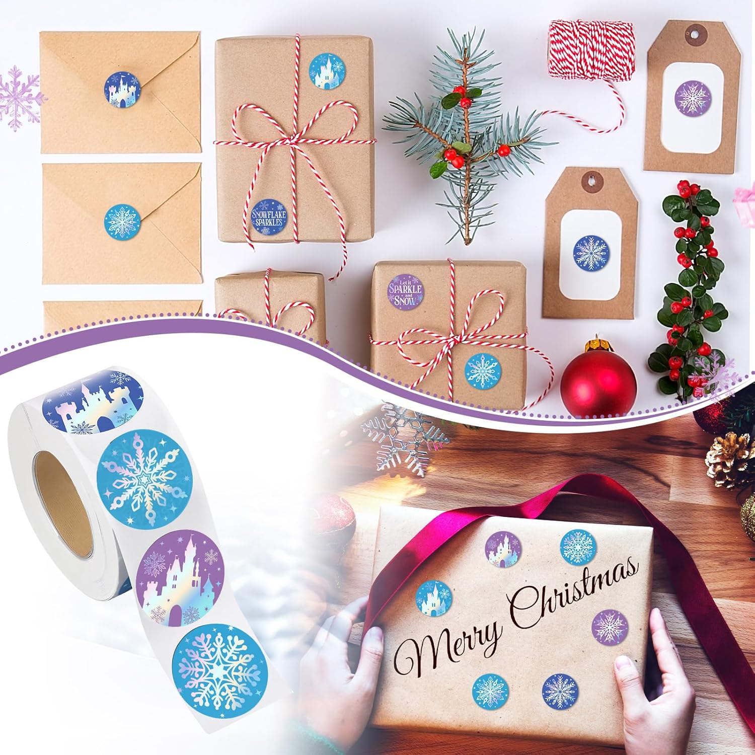 Karenhi 1000 Pcs Winter Snowflake Sticker Roll, 1.25 Inch Snowflakes Princess Labels Self Adhesive Winter Holiday Decoration for Envelopes Seal Cards Wonderland Party Favor Gift Wrapping