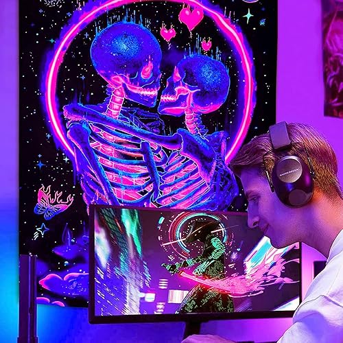 Miniatura 3 de Fungarth Tapiz de esqueleto con luz negra, con diseño de calavera UV, para dormitorio, estético, flores moradas y azules, lindo tapiz para colgar en