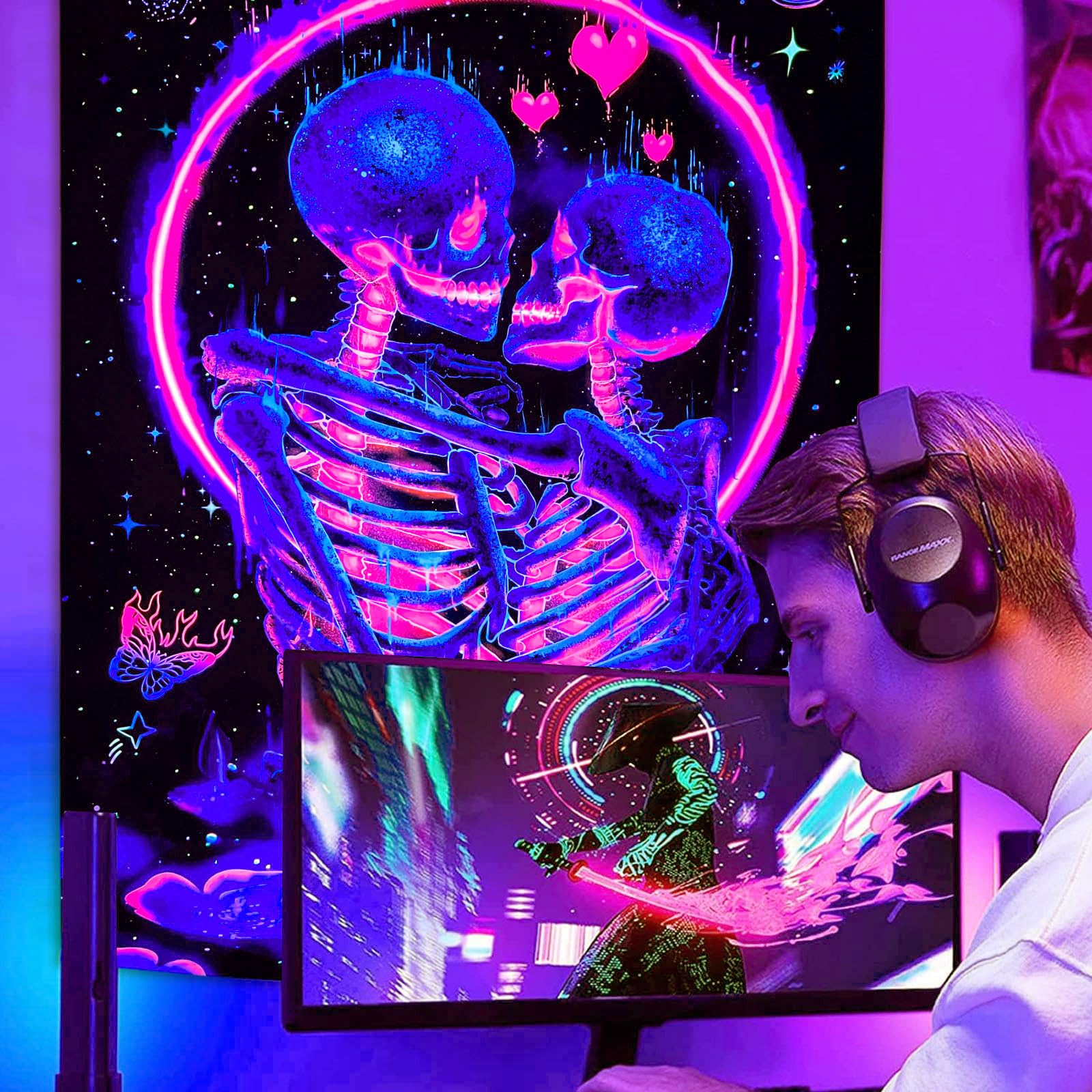 Fungarth Blacklight Skeleton Tapestry UV Skull Kissing Love Tapestries for Bedroom Aesthetic Green Flower Cute Tapestry Wall Hanging for Living Room Dorm (60” x80”): Purple 48"L x 36"W