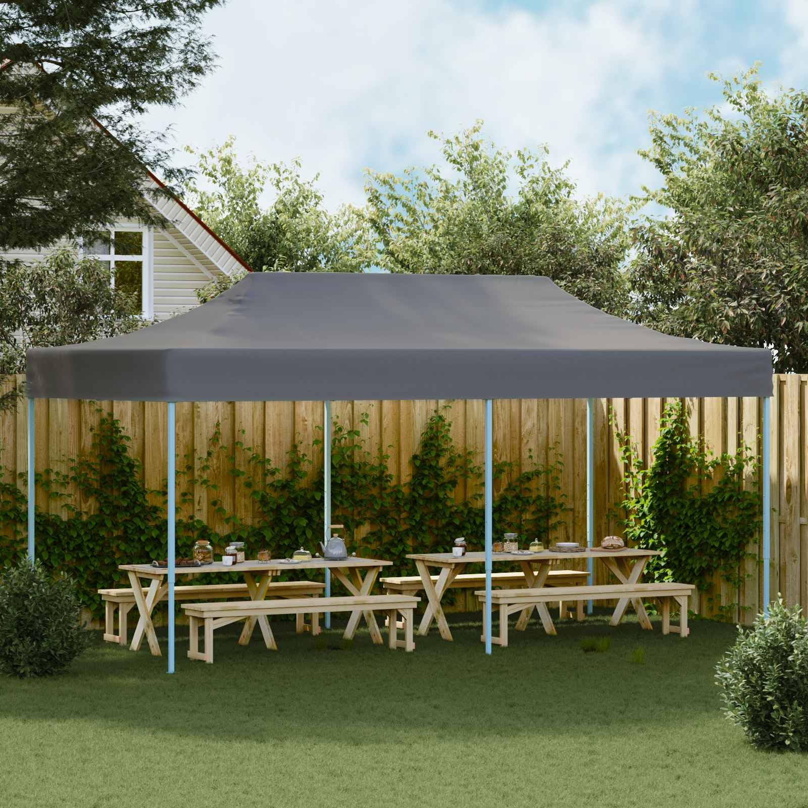 Namiot imprezowy z tkaniny Oxford, antracyt, 291 x 580 x 315 cm, składany z malowaną proszkowo stalową ramą, ochrona przed promieniowaniem UV i deszczem, na imprezy ogrodowe
