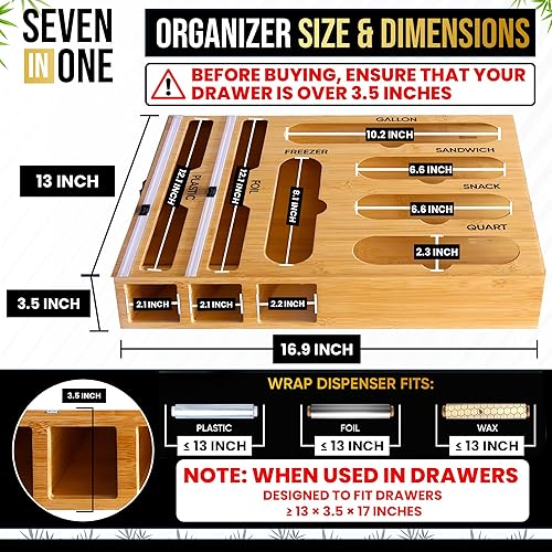 Miniatura 3 de Organizador de bolsas de bambú para cajón, 7 en 1, organizador de bolsas de sándwich para cajón, organizador para bolsas y papel de aluminio