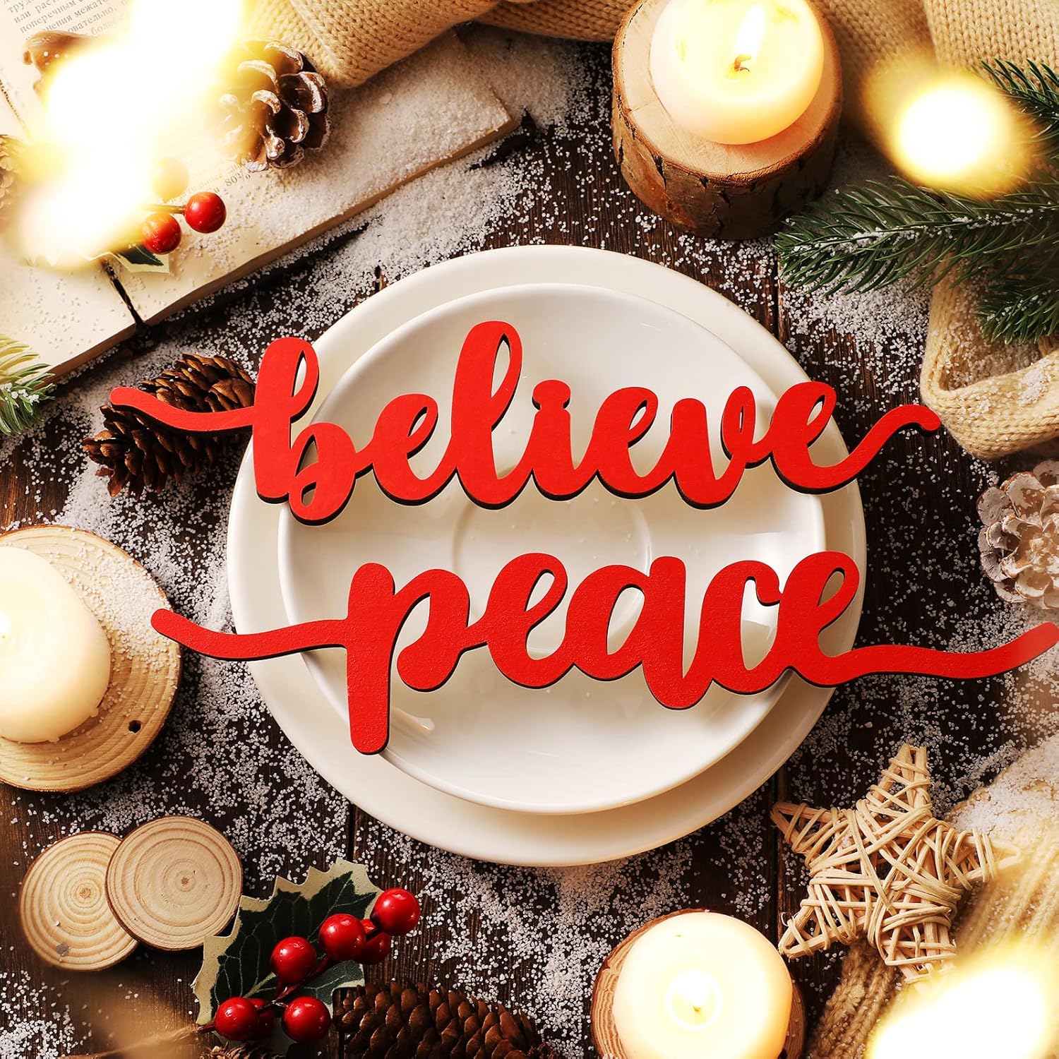 Ferraycle 12 Pieces Christmas Word Wood Cutout Joyful Merry Peace Believe Word Sign Christmas Plate Cutout Rustic Merry Signs for Xmas Plates Table Decorations(Red)