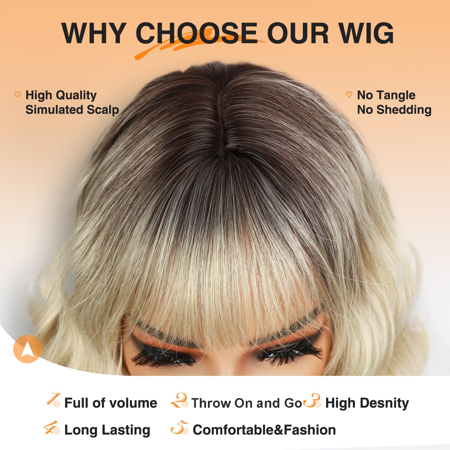 WIGNEE Parrucca Bob Corta Ondulata Con Frangia, Ricci Naturali Femminili | Biondo Ombré Con Mechature, Capelli Sintetici Resistenti Al Calore Senza Colla, 12 Pollici