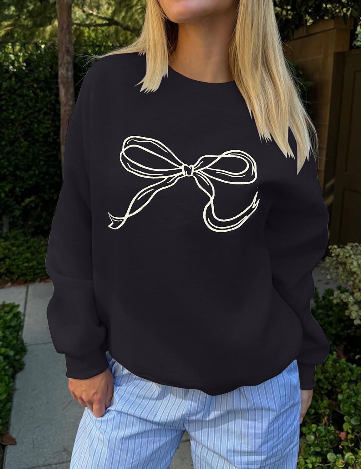 Women Oversized Sweatshirt Bow Crewneck Long Sleeve Fleece Pullover Top Clean Girl Aesthetic Fall Sweatshirt Outfits - Image 3