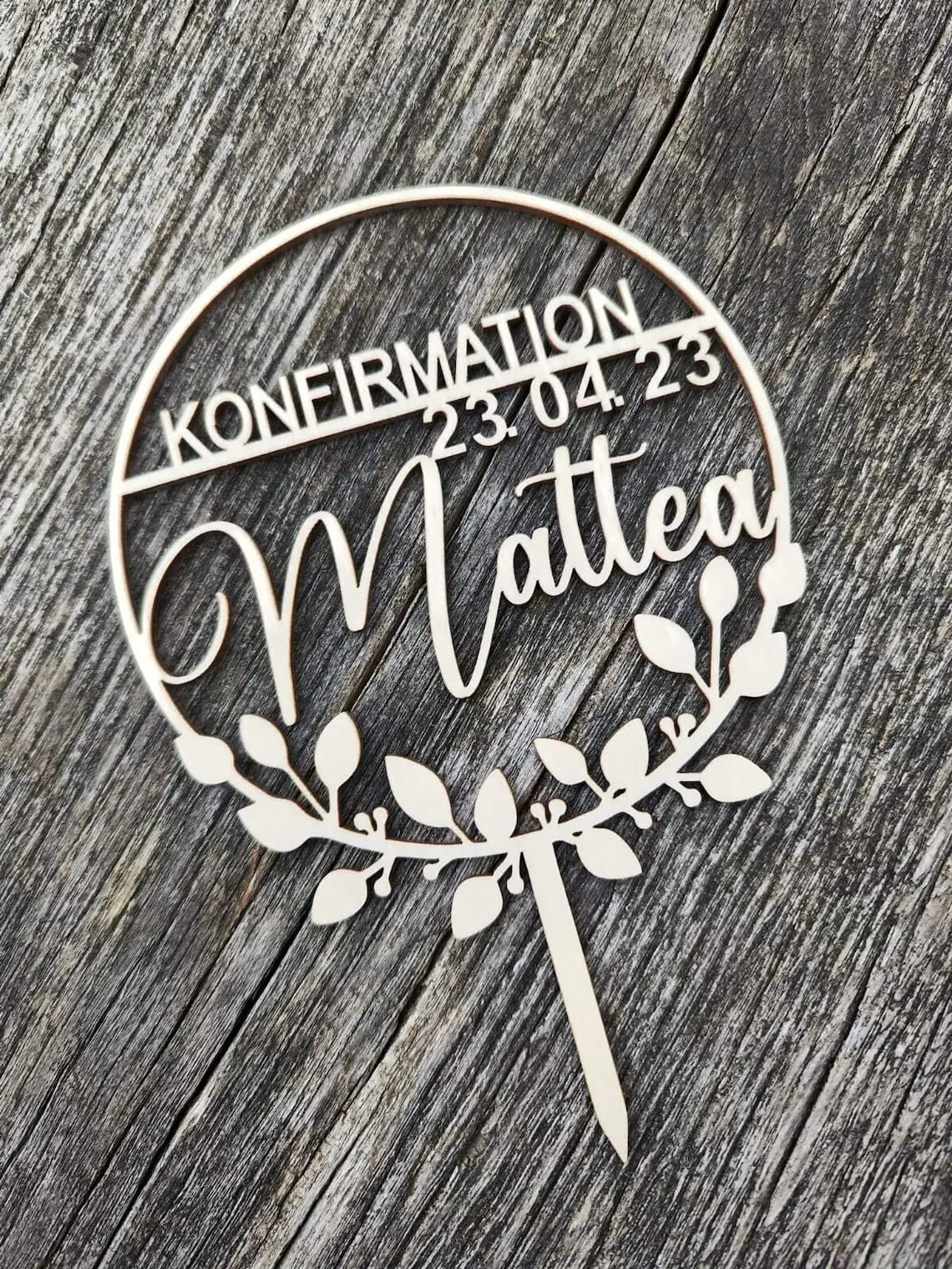 Cake Topper für Konfirmation, Kommunion, Taufe, Jugendweihe, Geburtstag, Kranz, Personalisiert, Topper, Datum