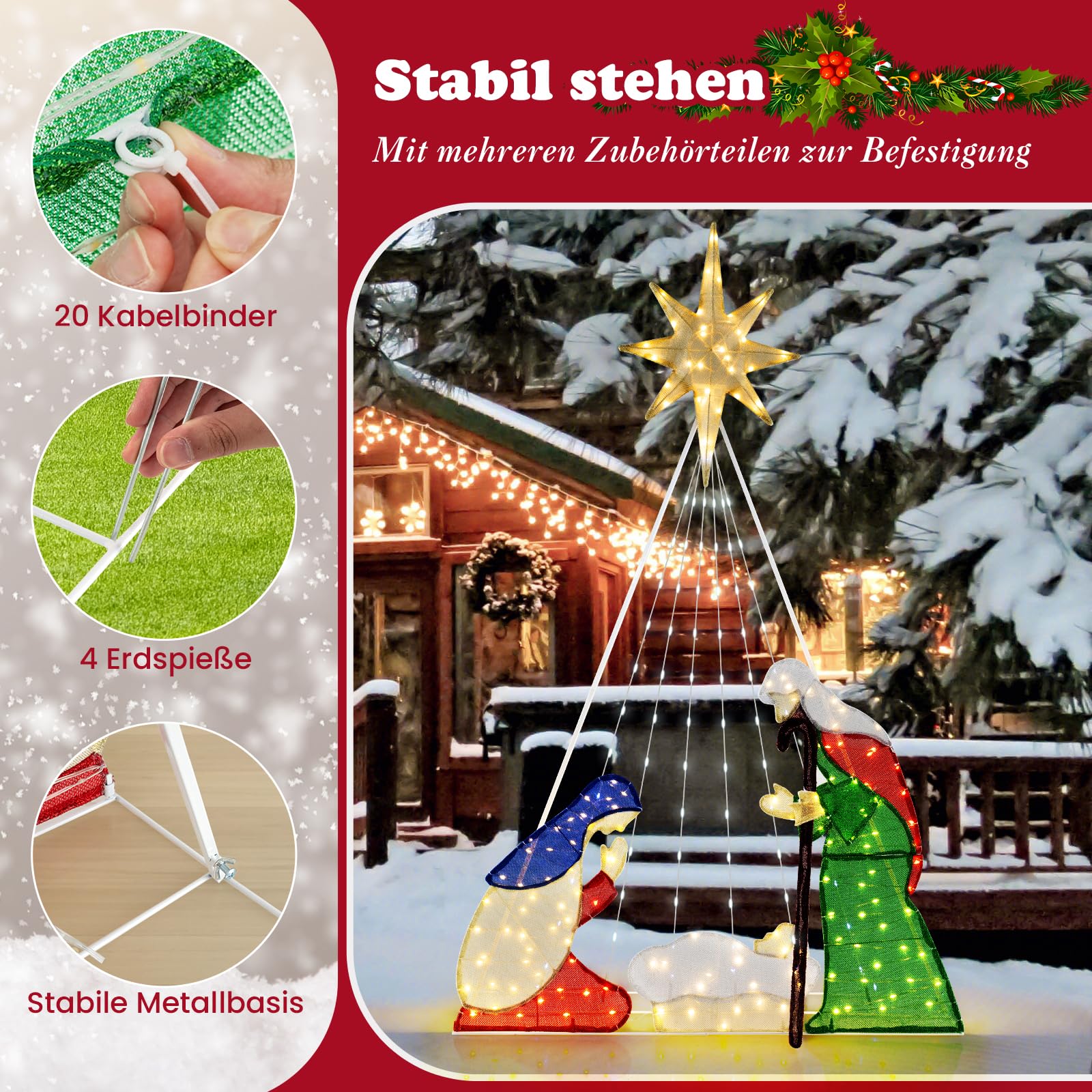 COSTWAY Krippe Weihnachten, 180 cm große Weihnachtskrippe mit 240 warmweißenLED-Lichtern, beleuchtete Weihnachtsdeko Krippenszene, Weihnachtsdekoration, Weihnachtsbeleuchtung für außen, innen
