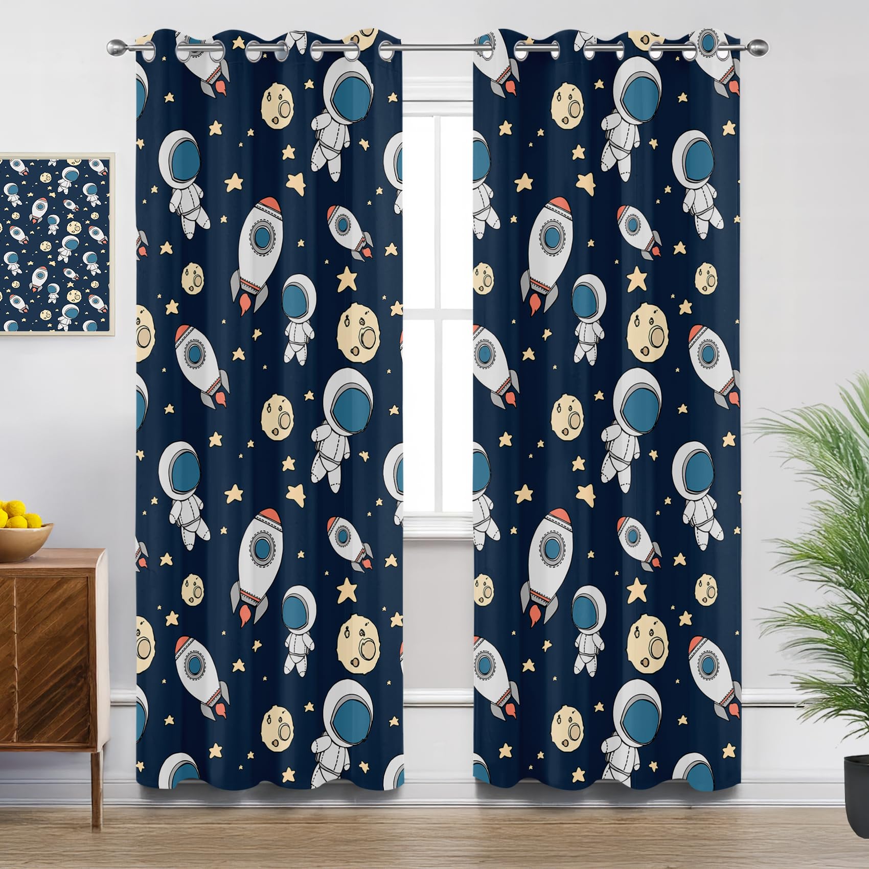 Astronaut Kitchen Curtains for Windows - Cartoon Astronaut Space Kids Blackout Eyelet Curtain 54 Drop, Short Curtains for Bedroom, W46 X D54, 2 Panels Drapes Home Decor