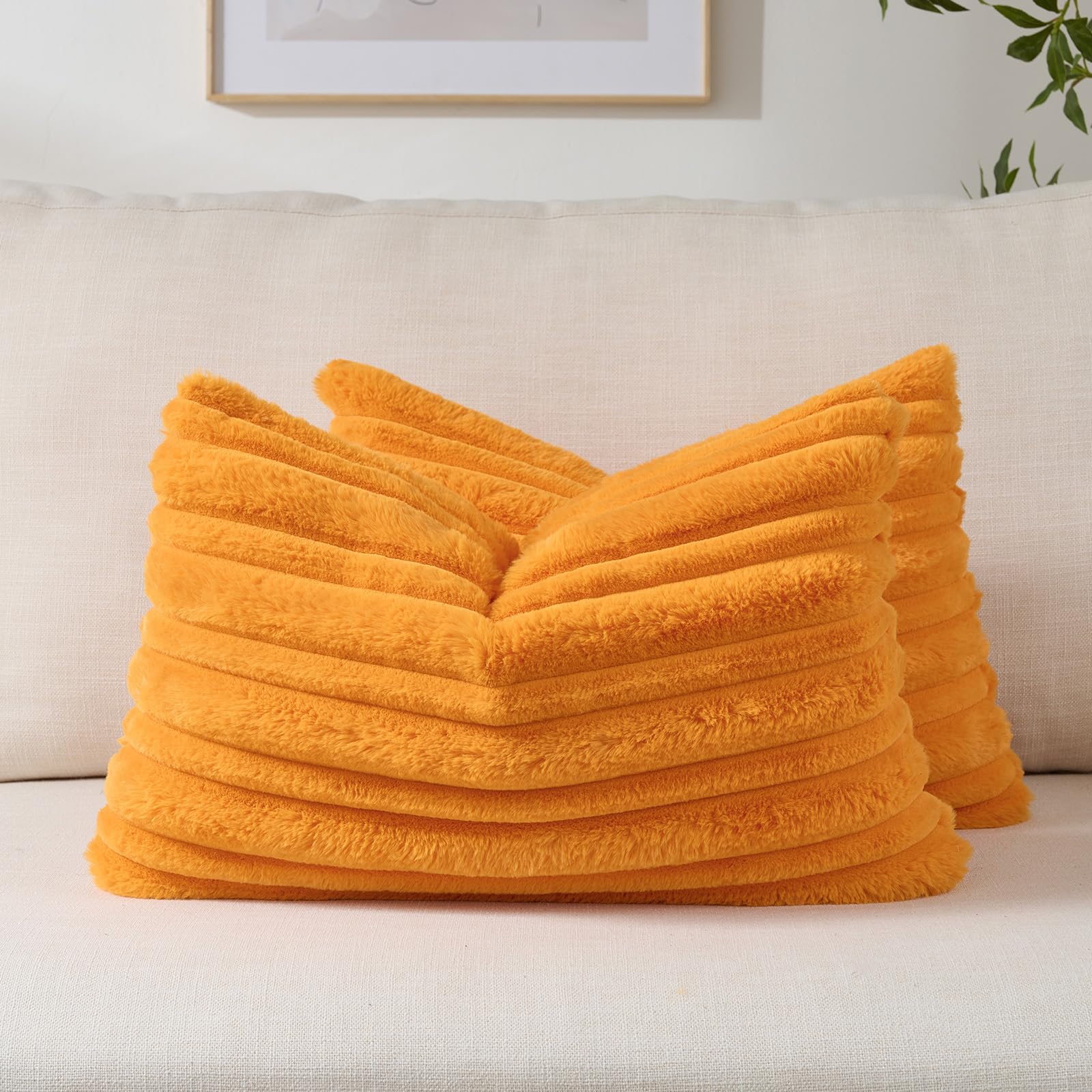 FUTEI Set of 2 Fluffy Faux Fur 30x50 cm Cushion Covers Double Sided Soft Plush Striped Textured Scatter Pillowcase 30 x 50 cm Modern Accent for Sofa Bed Living Room, Orange