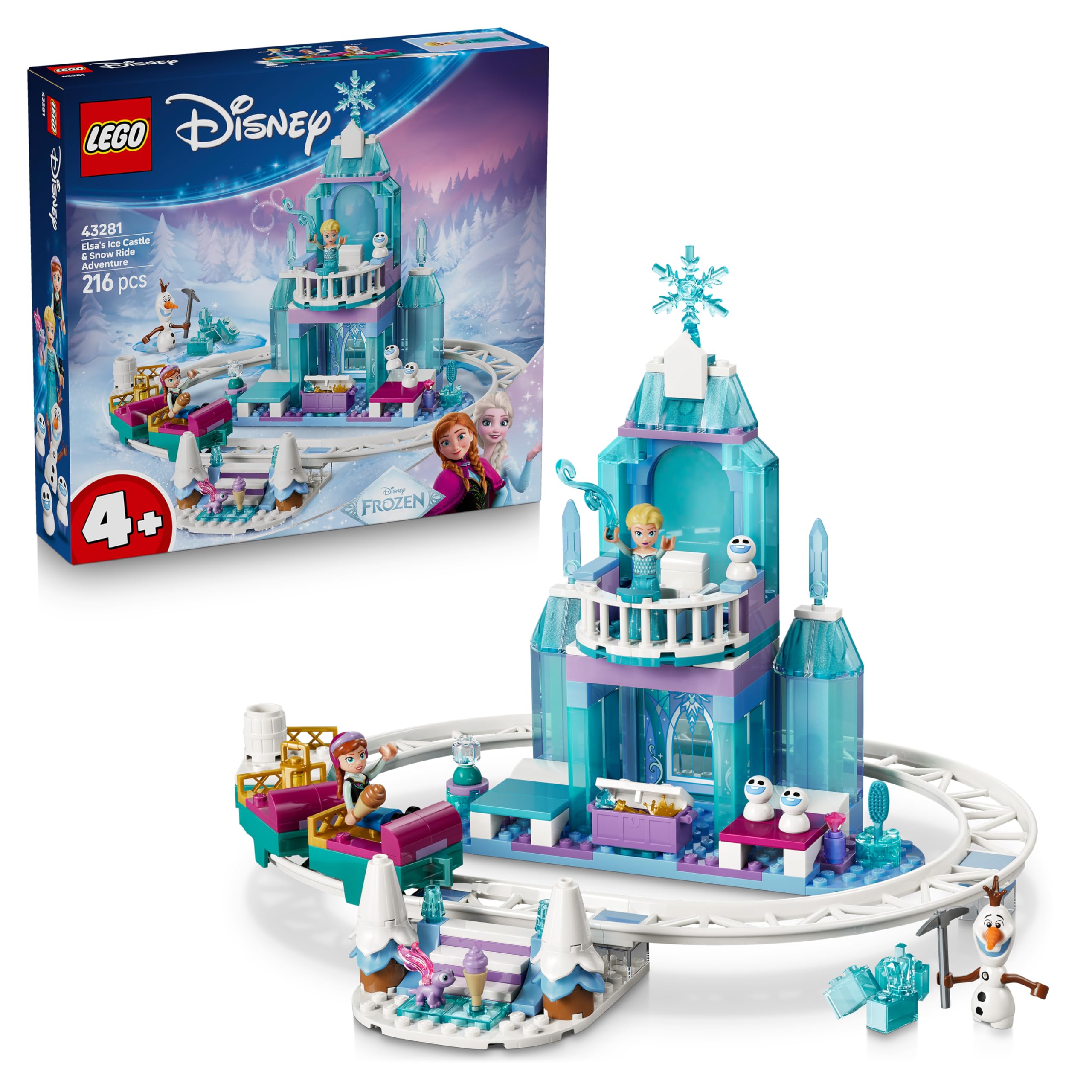 LEGO | Disney Frozen Elsa's Ice Castle & Snow Ride Adventure Toy - incl. Anna & Elsa Mini Dolls, Olaf Figure, Train Track & Snow Carts - Gift for 4+ Year Old Girls - 43281