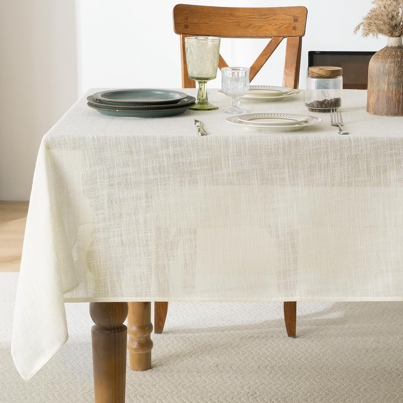 FIBORIA Faux Linen Table Cloth Rectangular 140 x 240 cm Cream Wipe Clean Water Resiatant Tablecloth Stain Resistant Table Cover for Tabletop Decoration Birthday Party Banquet Outdoor,55x94 inch — image 1