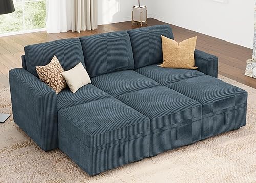 Miniatura 32 de HONBAY - Sofá seccional modular con cama desplegable, sofá en forma de L de chenilla con asientos de almacenamiento, sofás seccional convertible