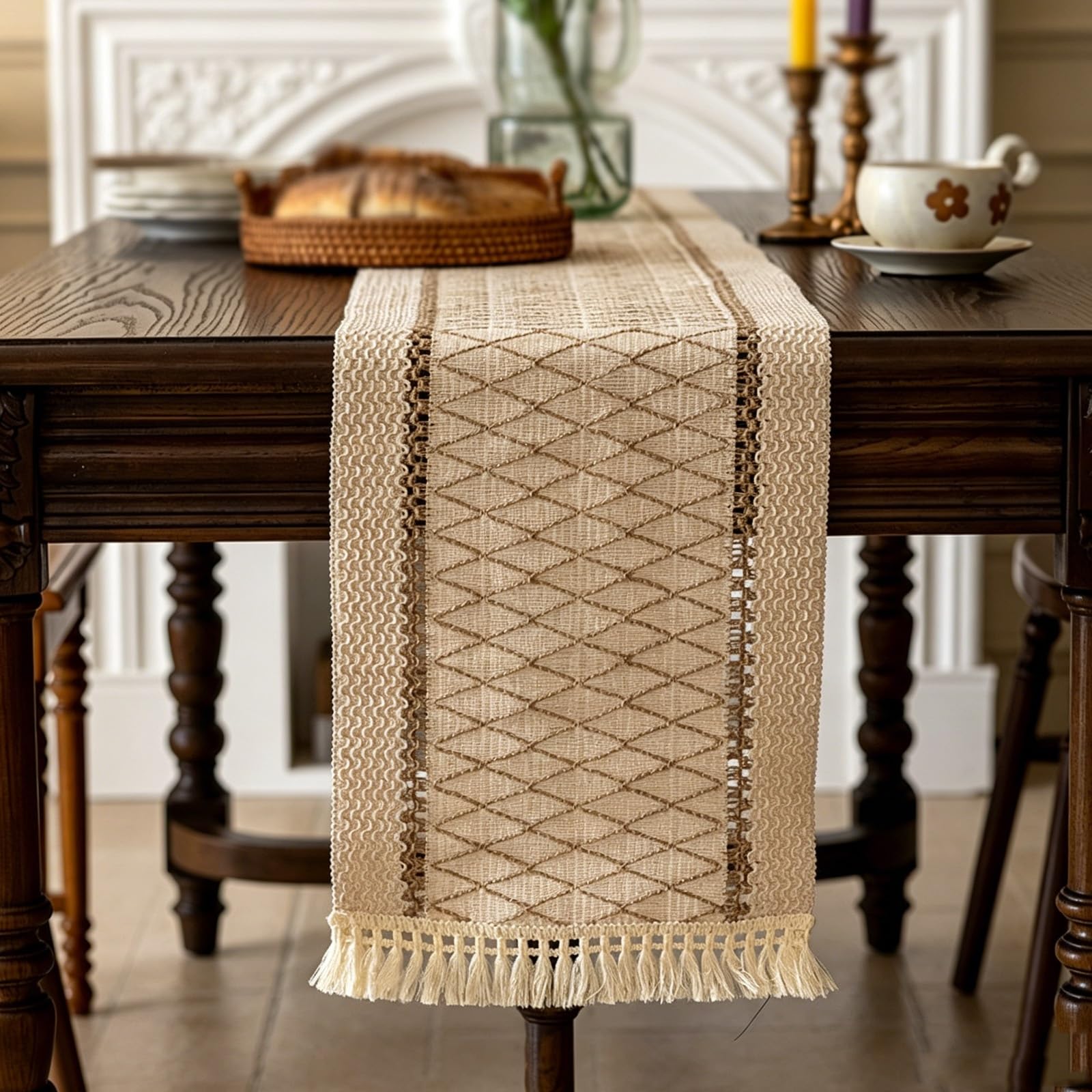 Vintage Grid Texture Table Runner, Linen Cotton Rustic Aesthetic Table Runner, Hollow Bevel Edge Long Tea Mat, for TV Stand Dresser Home Decor(Brown,50cm/19.6in)