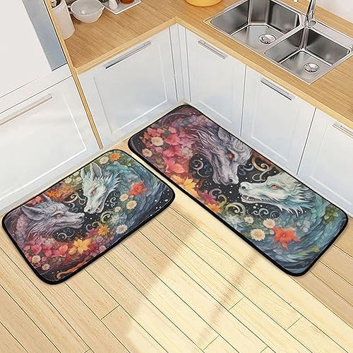 Miniatura 2 de Dragons Flowers Kitchen Mat 2 Pcs Set, Low Pile Kitchen Rugs Cushioned Water Absorbent Washable Floor Mats for Kitchen Sink Laundry Room