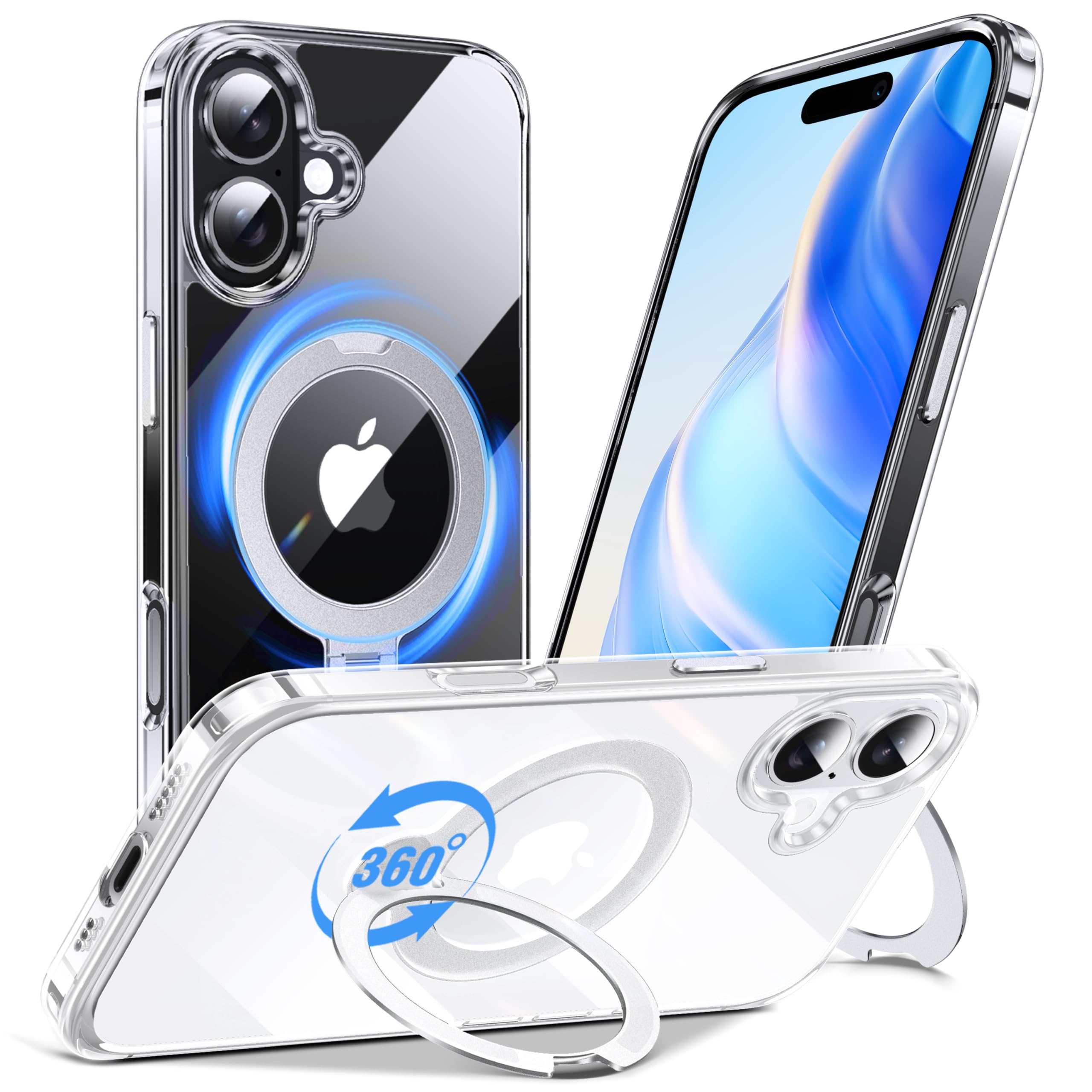 Anqrp 360° ALL-in-ONE Crystal Clear Case for iPhone 16 with Rotatable Magnetic Stand, Compatible with Mag-Safe, Anti-Yellowing Transparent MIL-Grade Shockproof Phone Case Cover for iPhone 16