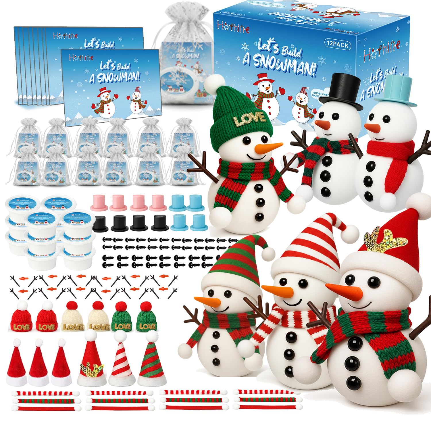 Paquete de 12 kit de muñeco de nieve, kit de muñeco de nieve de arcilla moldeada, manualidades de Navidad para niños, perfecto para fiestas de vacaciones de invierno, rellenos de calcetines de