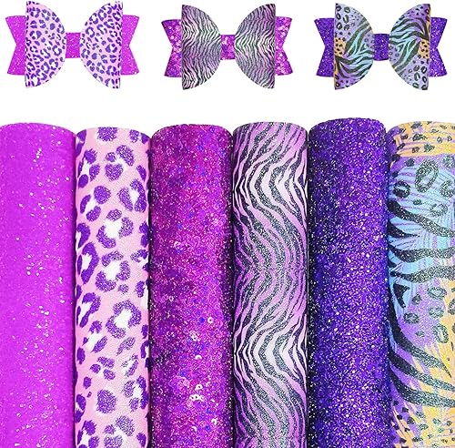 Sunmelyn 6 hojas de tela con purpurina gruesa de color morado oscuro de 8 x 12 pulgadas, piel sintética con estampado de animales de guepardo y