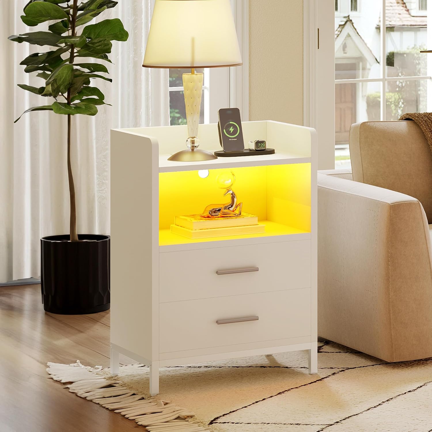 YITAHOME White Bedside Table with Charging Station, Bedside Cabinet ...