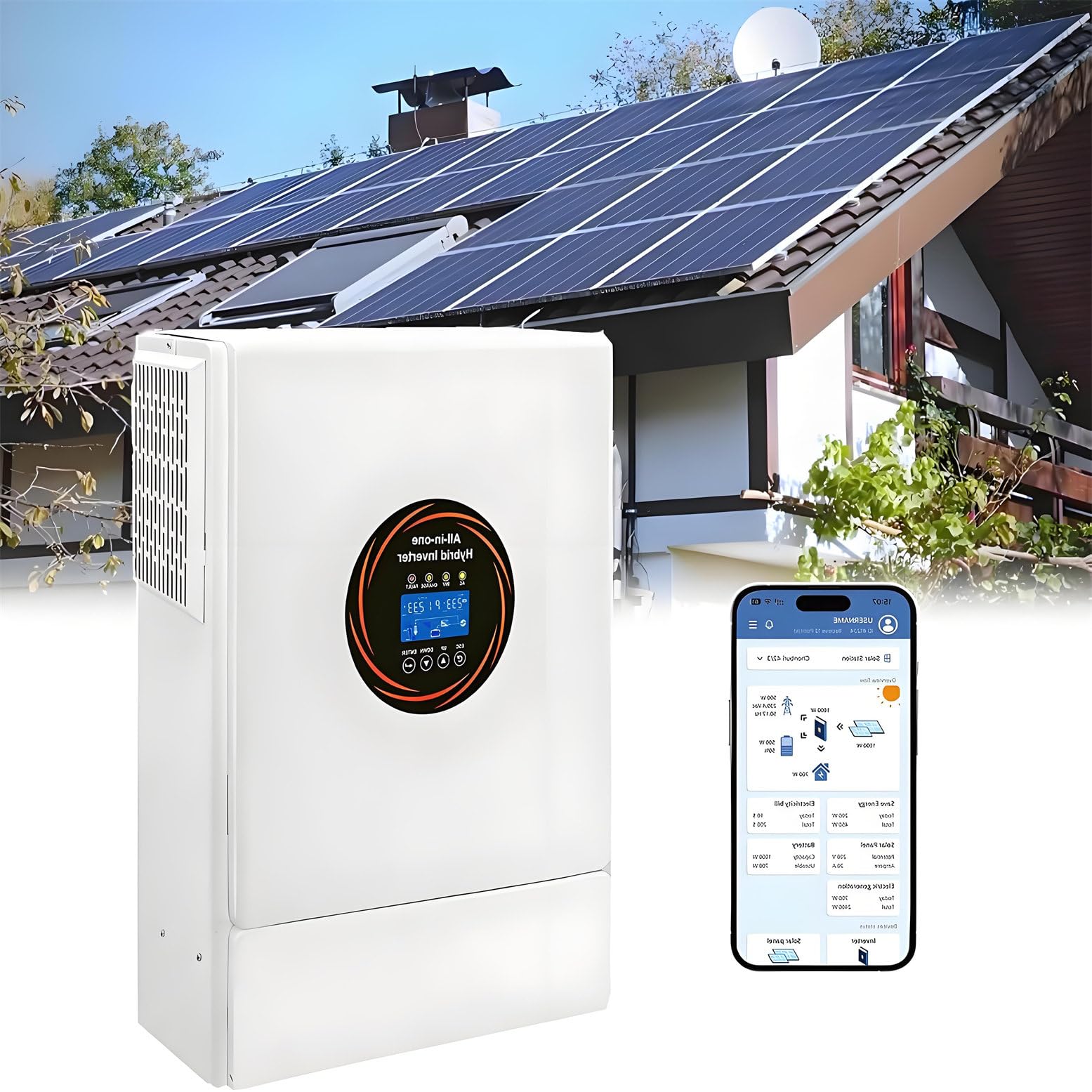 Inversor Solar Híbrido Todo En Uno 5500W, De 48 V CC a 110 V/220 V Ca, con Controlador De Cargador Solar Mppt De 120 a para Paneles Solares Cobertizo para Autocaravanas System Home