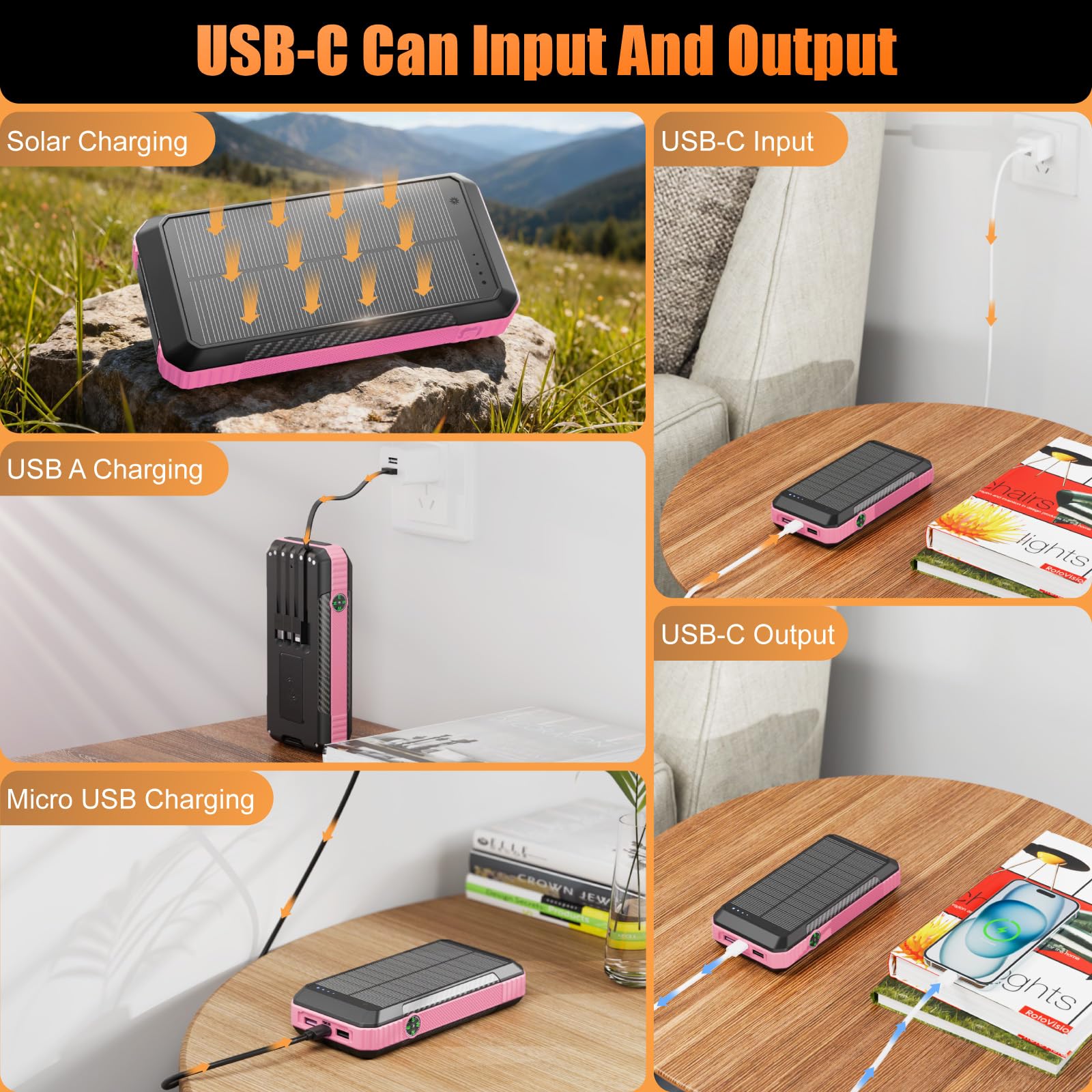 33800mAh Solar Power Bank Wireless Protable Charger, torcia elettrica, bussola, campeggio, viaggi all'aperto