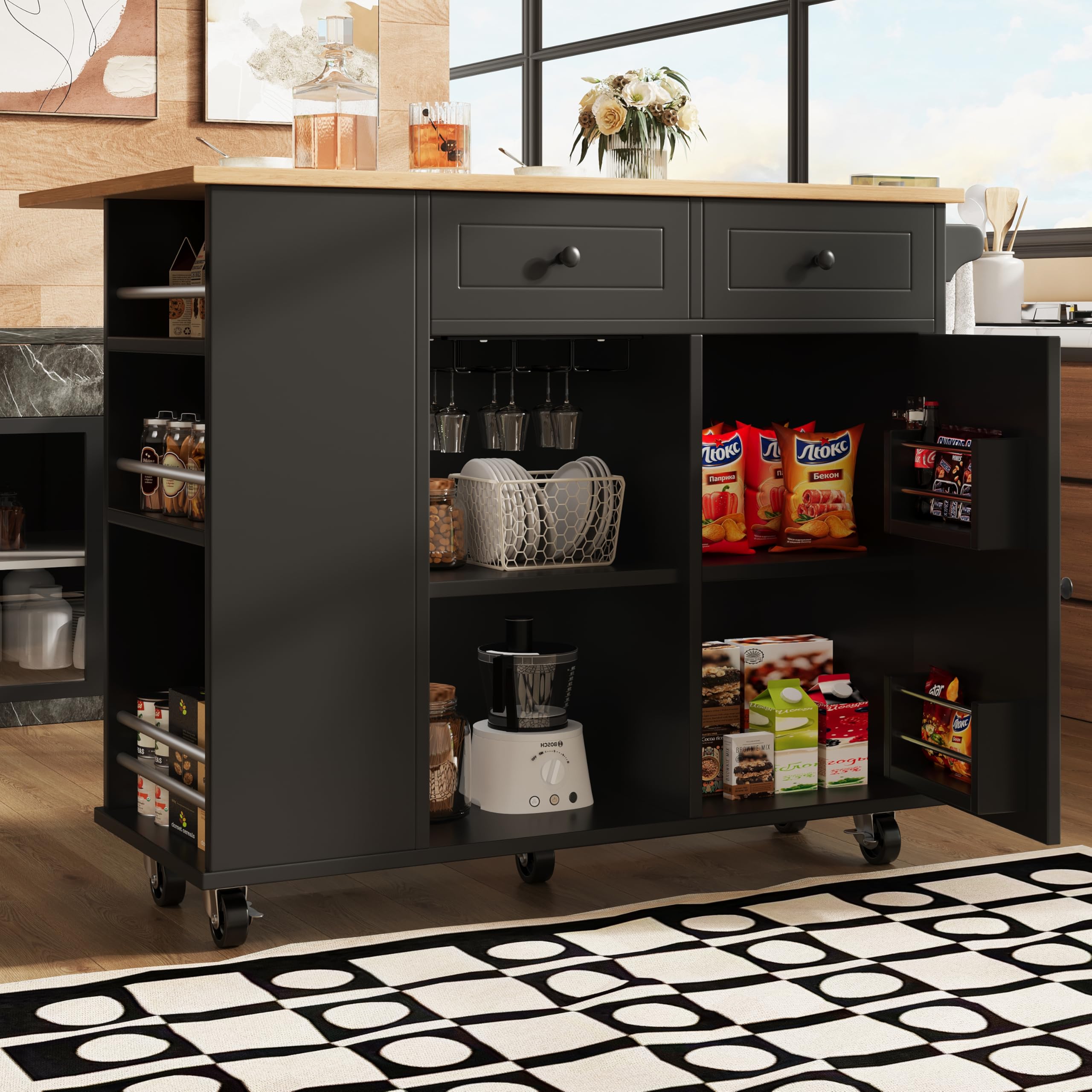 Carro isla cocina sobre ruedas con superficie de trabajo plegable, isla cocina, mueble con porta aperitivos y porta vasos de vino, carro de comedor con divisores extraíbles, 120 x 42 x 91,5 cm